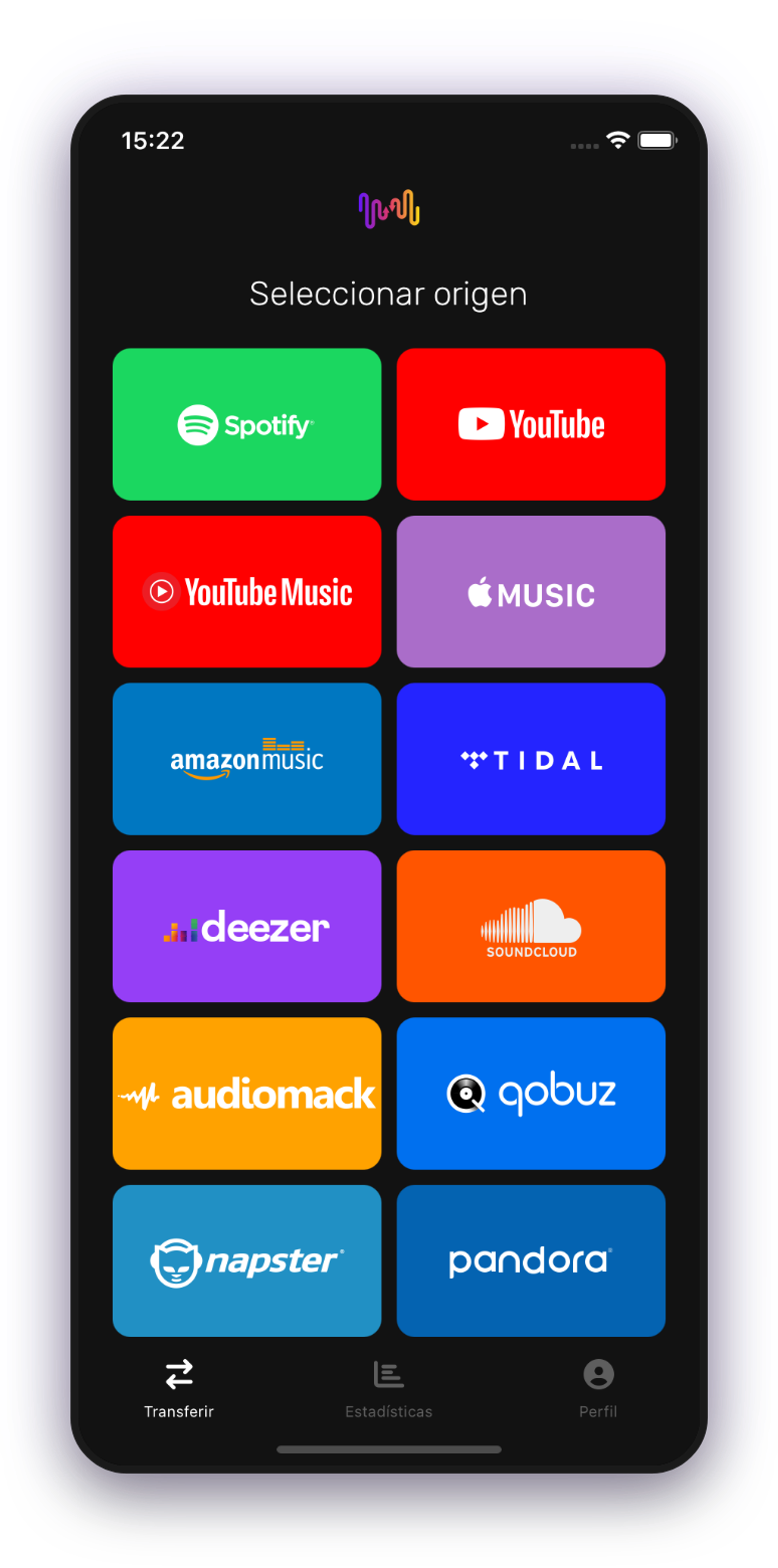 Captura de pantalla de transferencia de listas de reproducción seleccionando YouTube