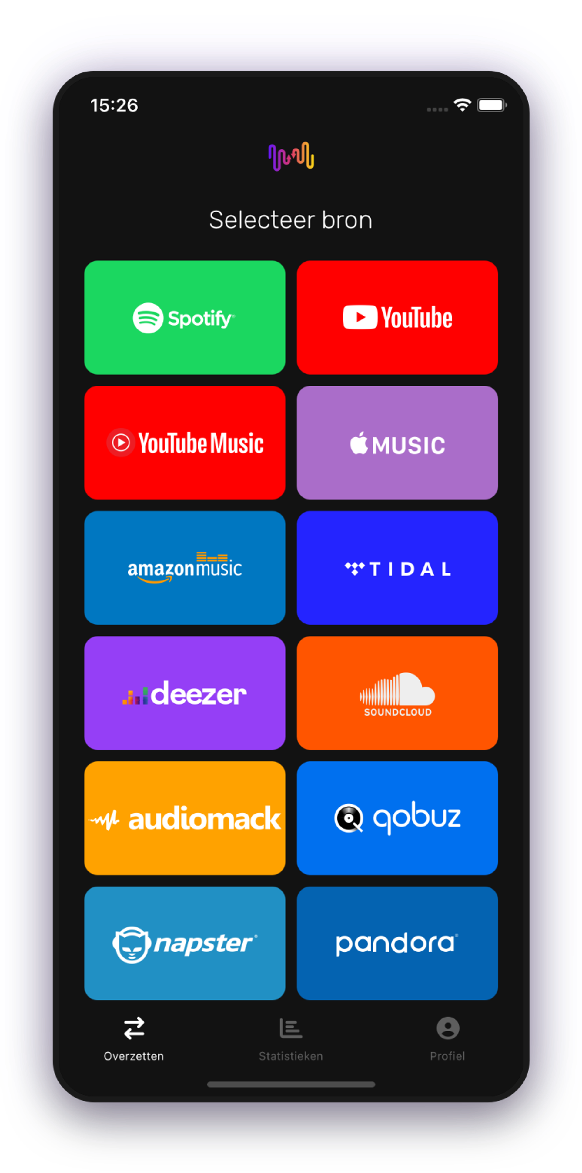 Free Your Music app selecteert afspeellijstbronscherm