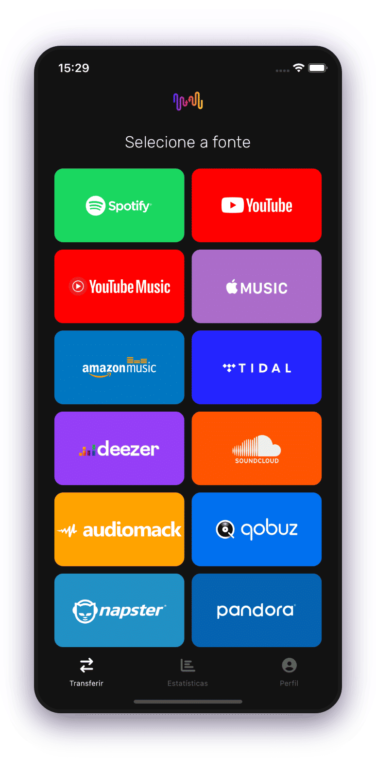 O Aplicativo Free Your Music seleciona a tela de origem da lista de reprodução