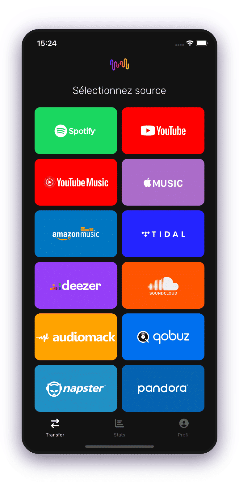 Écran de sélection de la source de la playlist de l'application Free Your Music