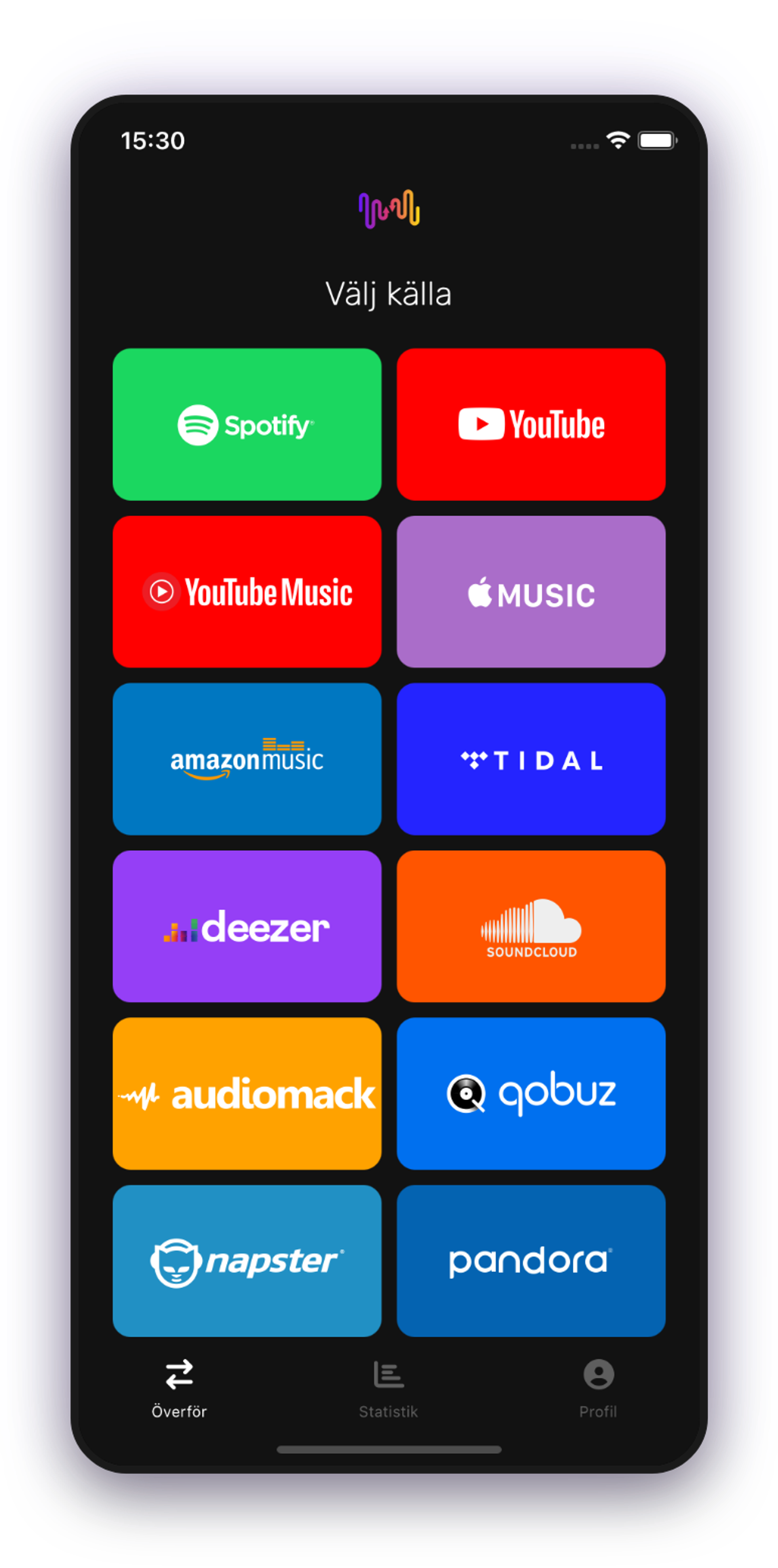 Free Your Music app välj spellista källa skärm