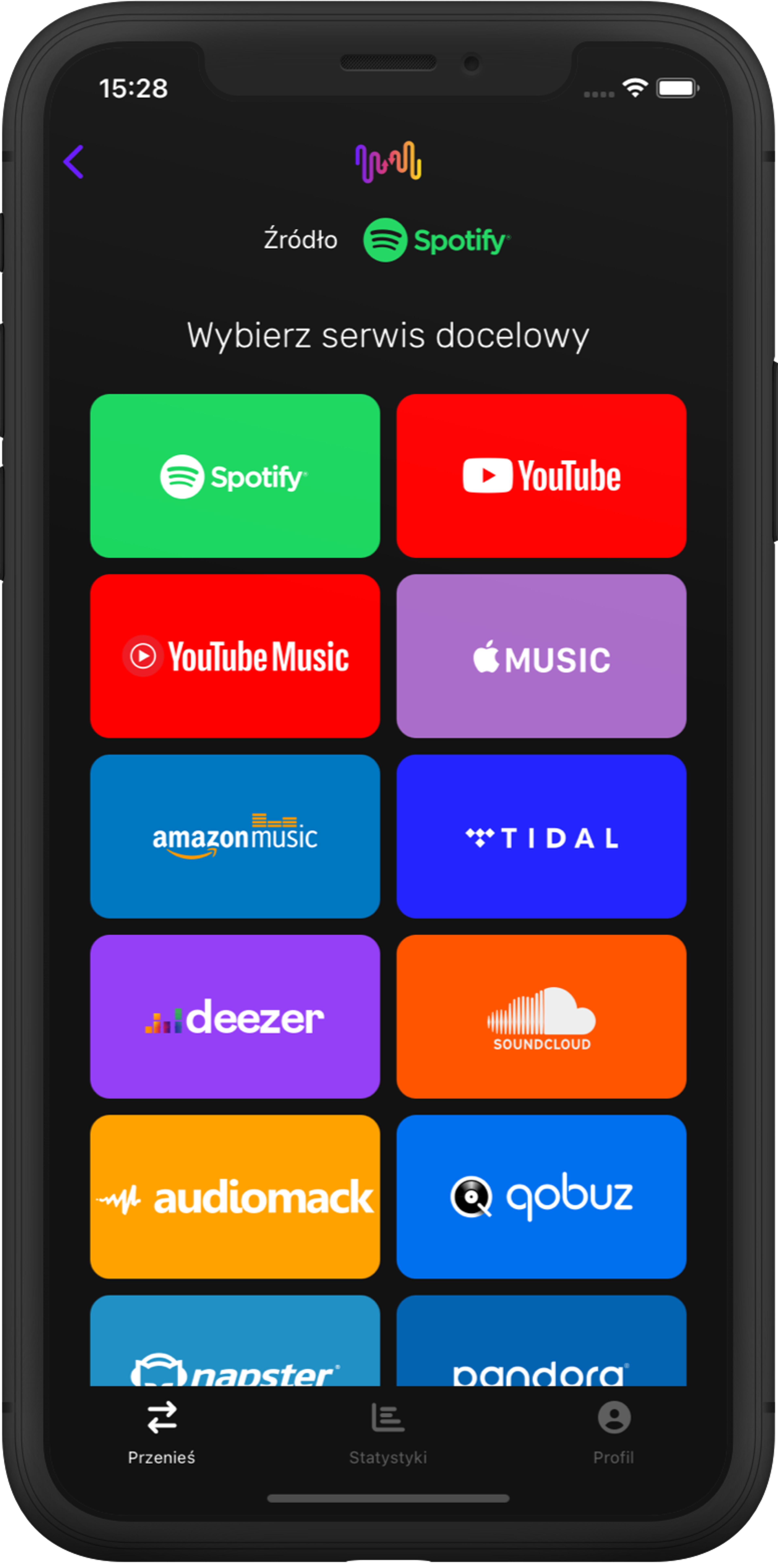 Zrzut ekranu przesyłania listy odtwarzania z wyborem Deezer.