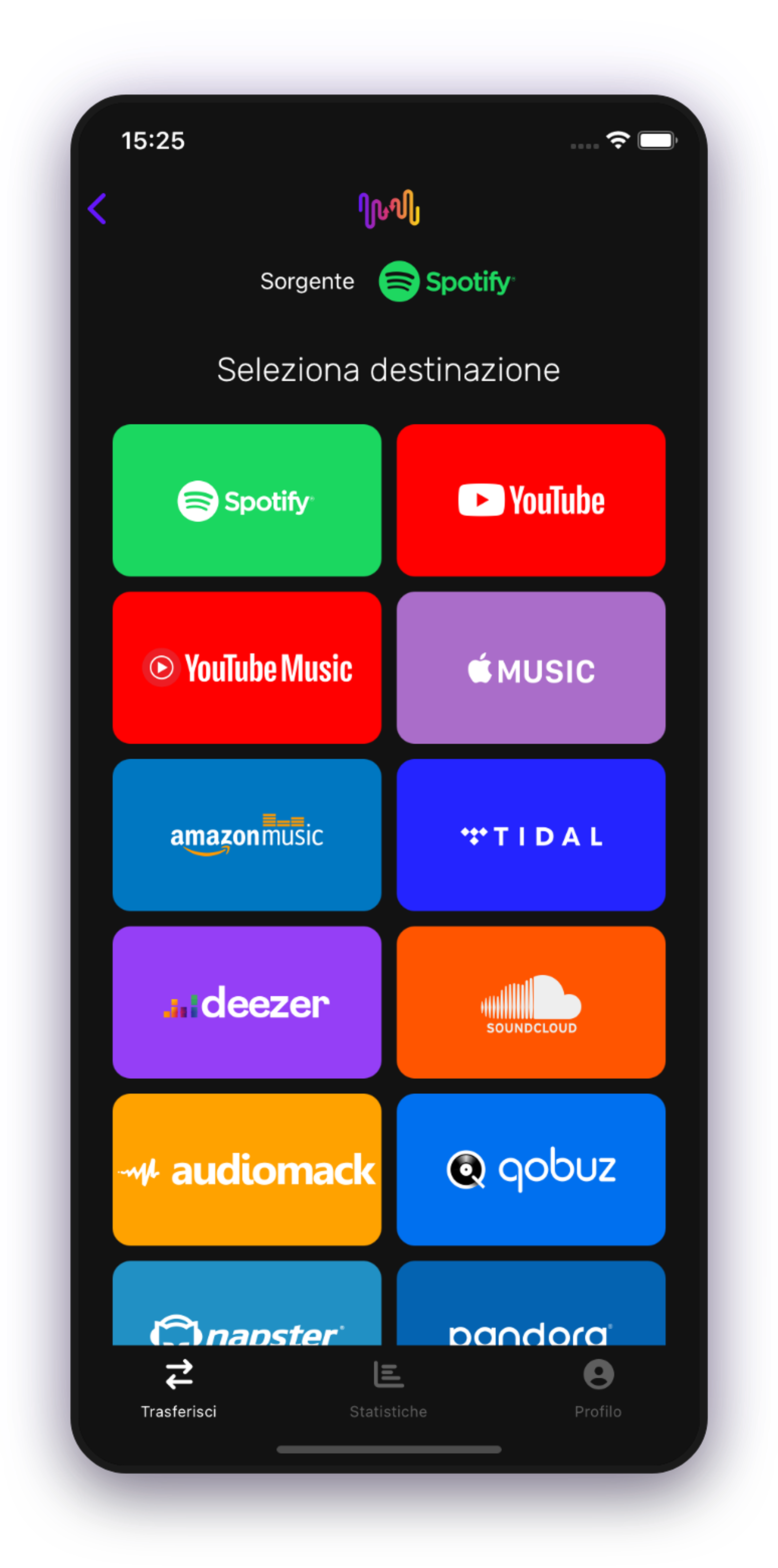 Screenshot del trasferimento della playlist selezionando Spotify