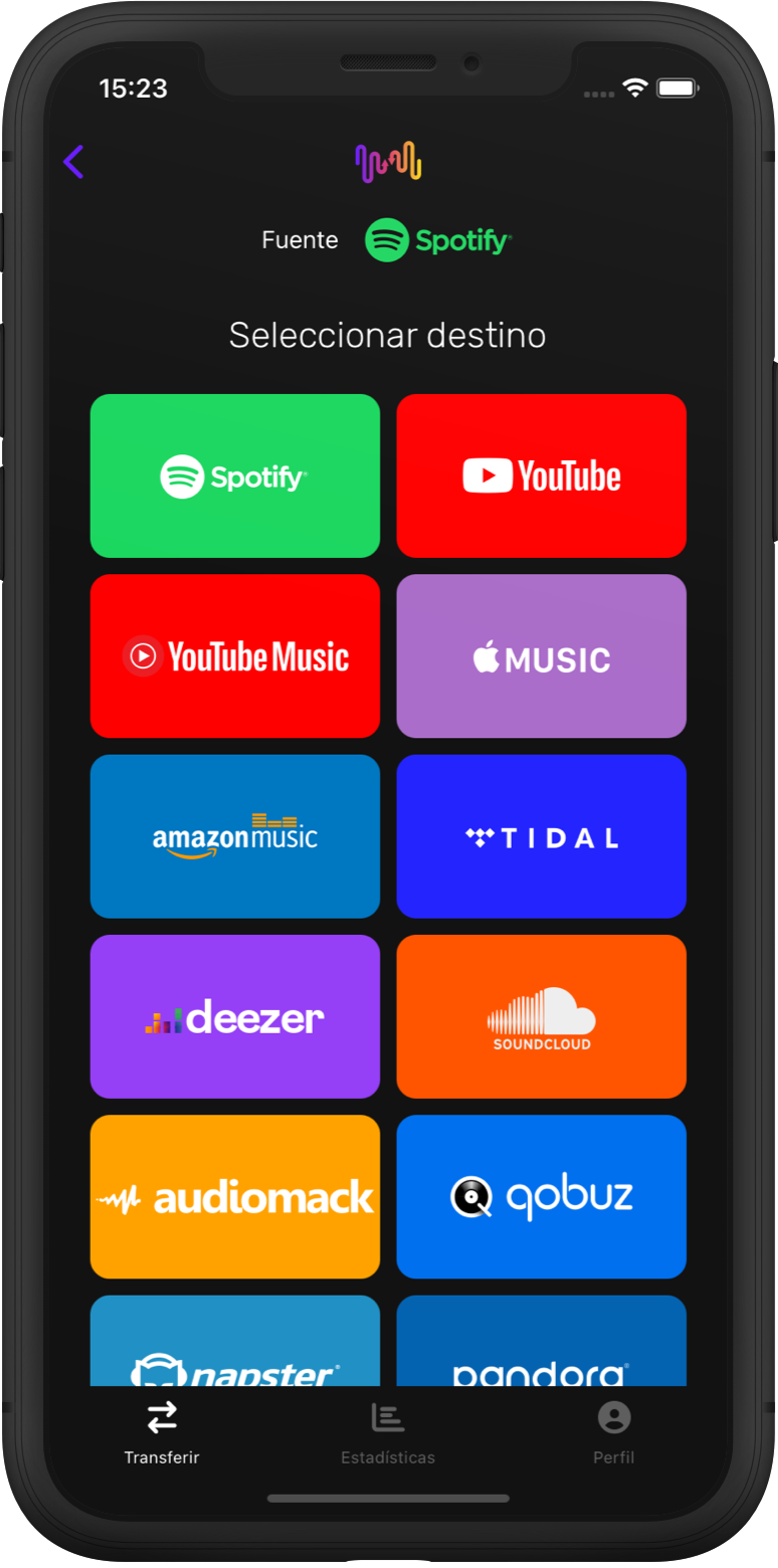 Captura de pantalla de transferencia de listas de reproducción seleccionando Amazon Music