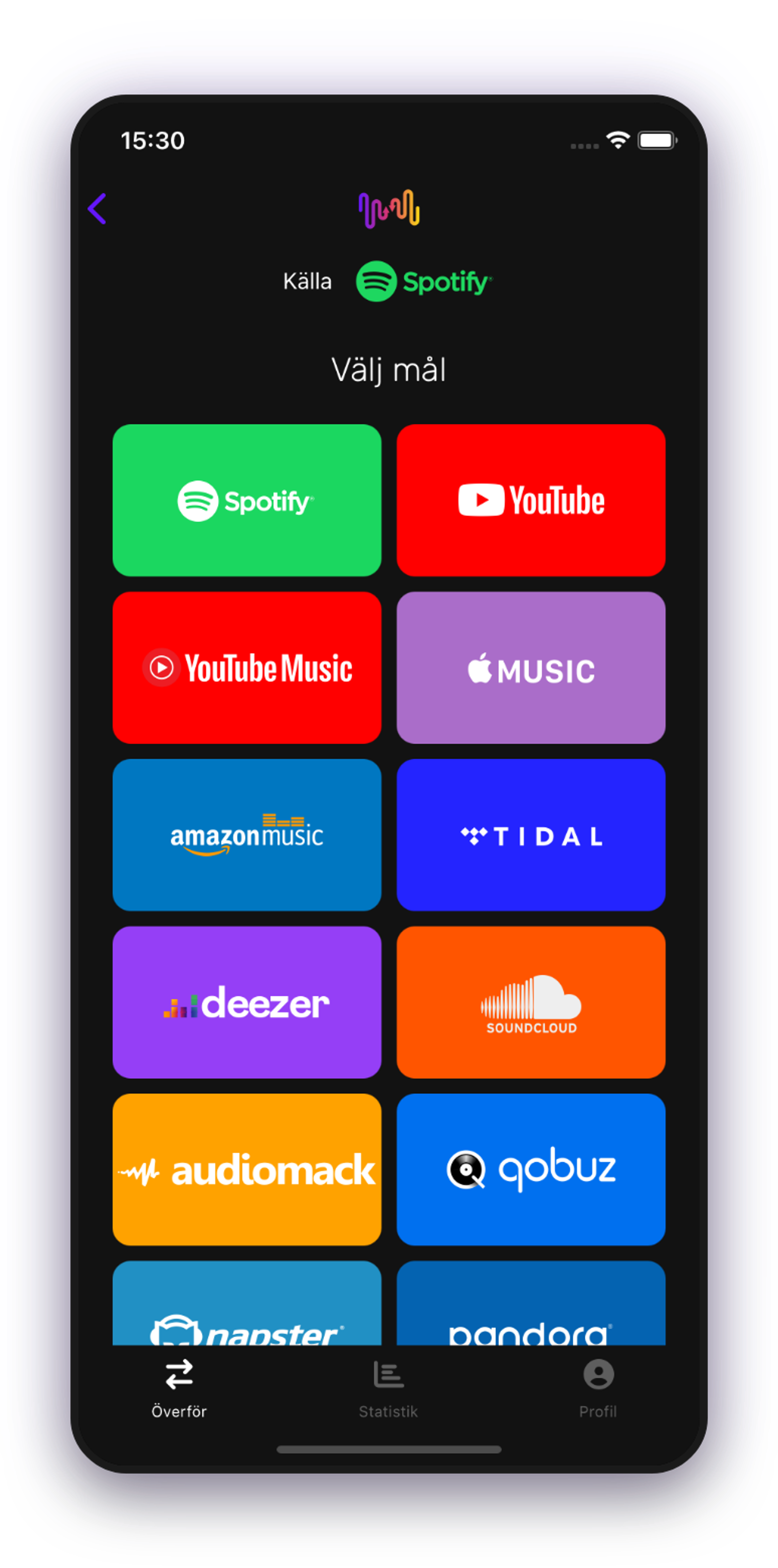 Skärmdump av plockning av spellista för överföring Spotify