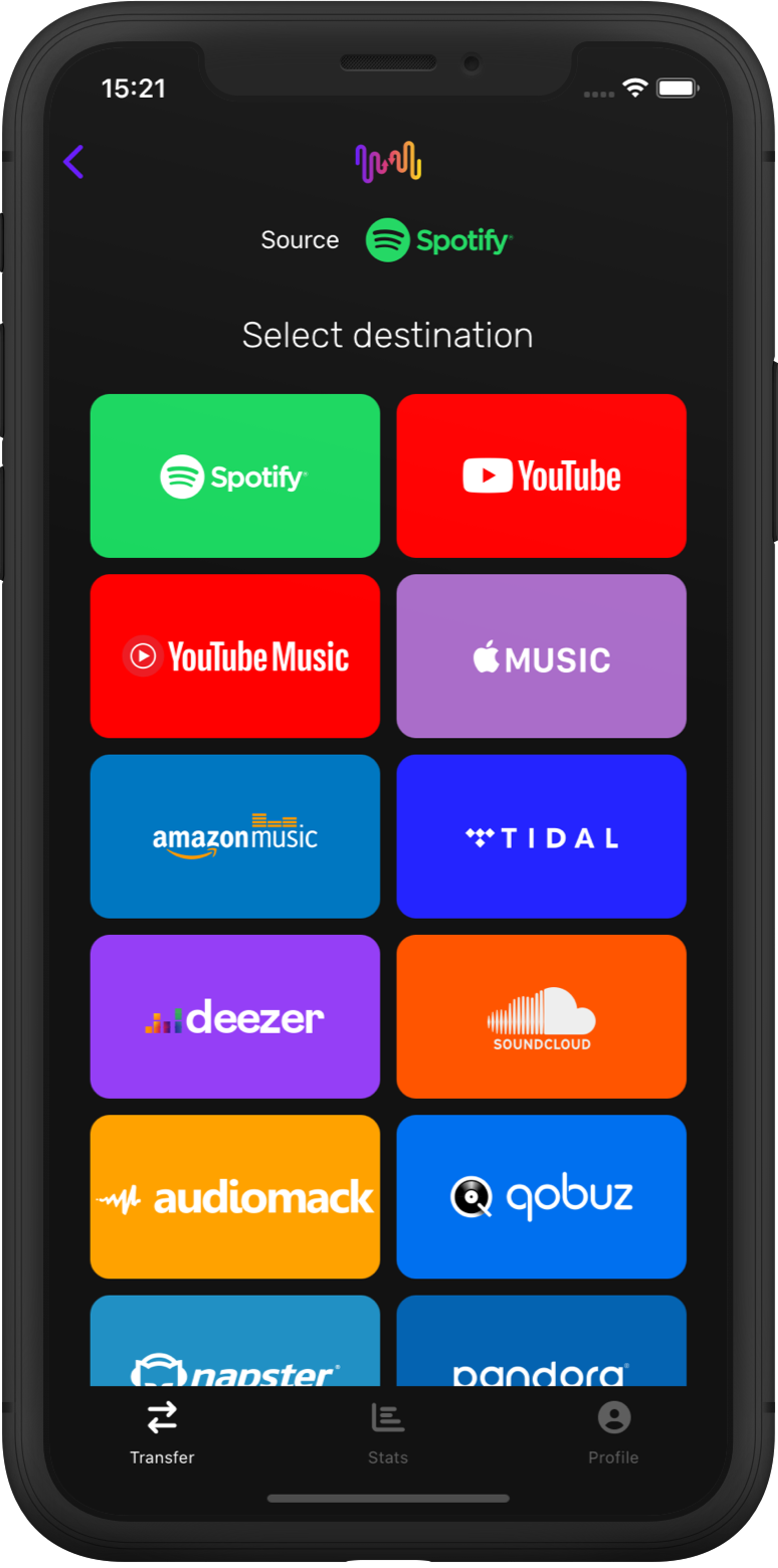 Screenshot of playlist transfer picking Pandora