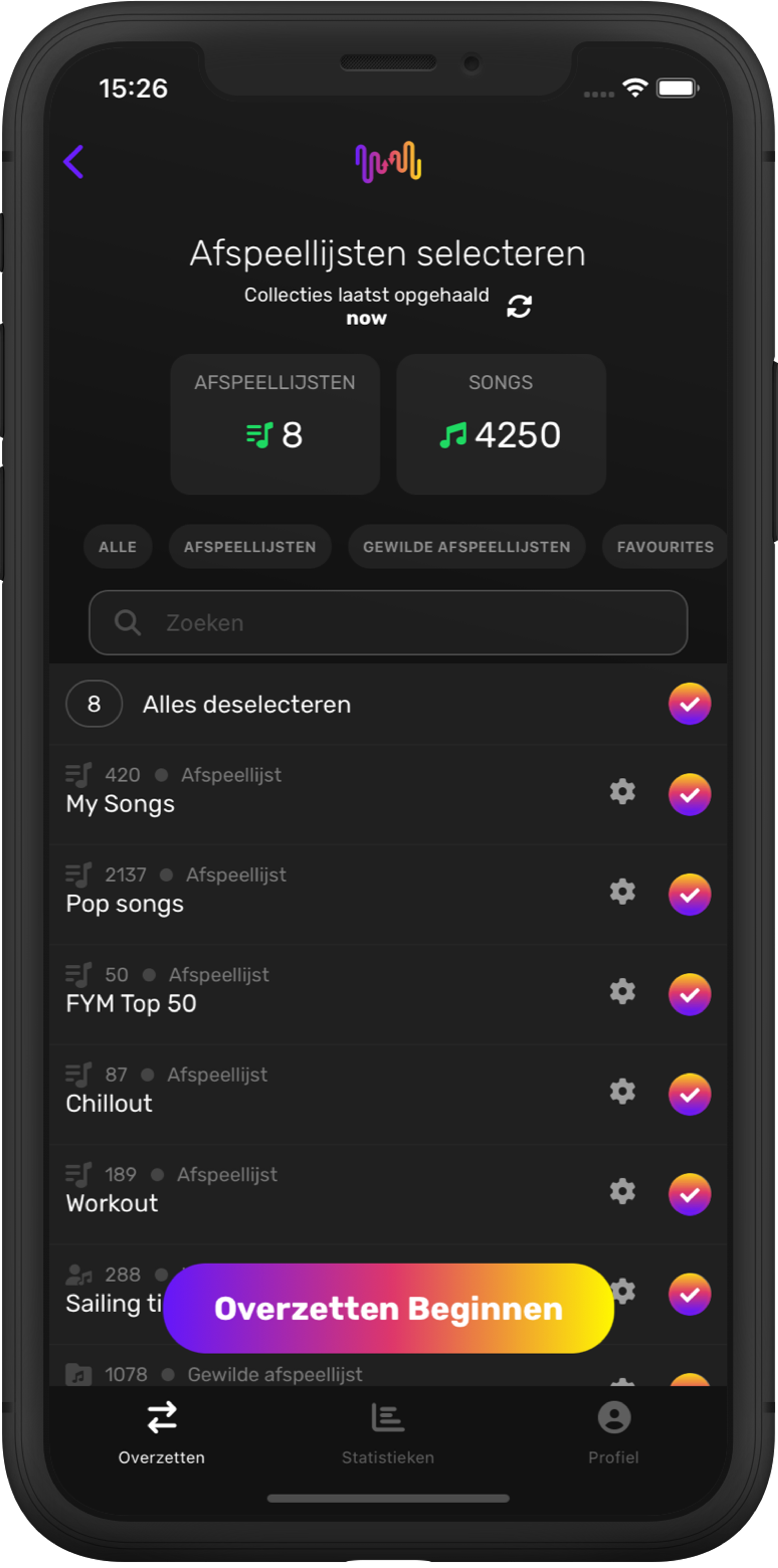 Screenshot van het overbrengen van afspeellijsten