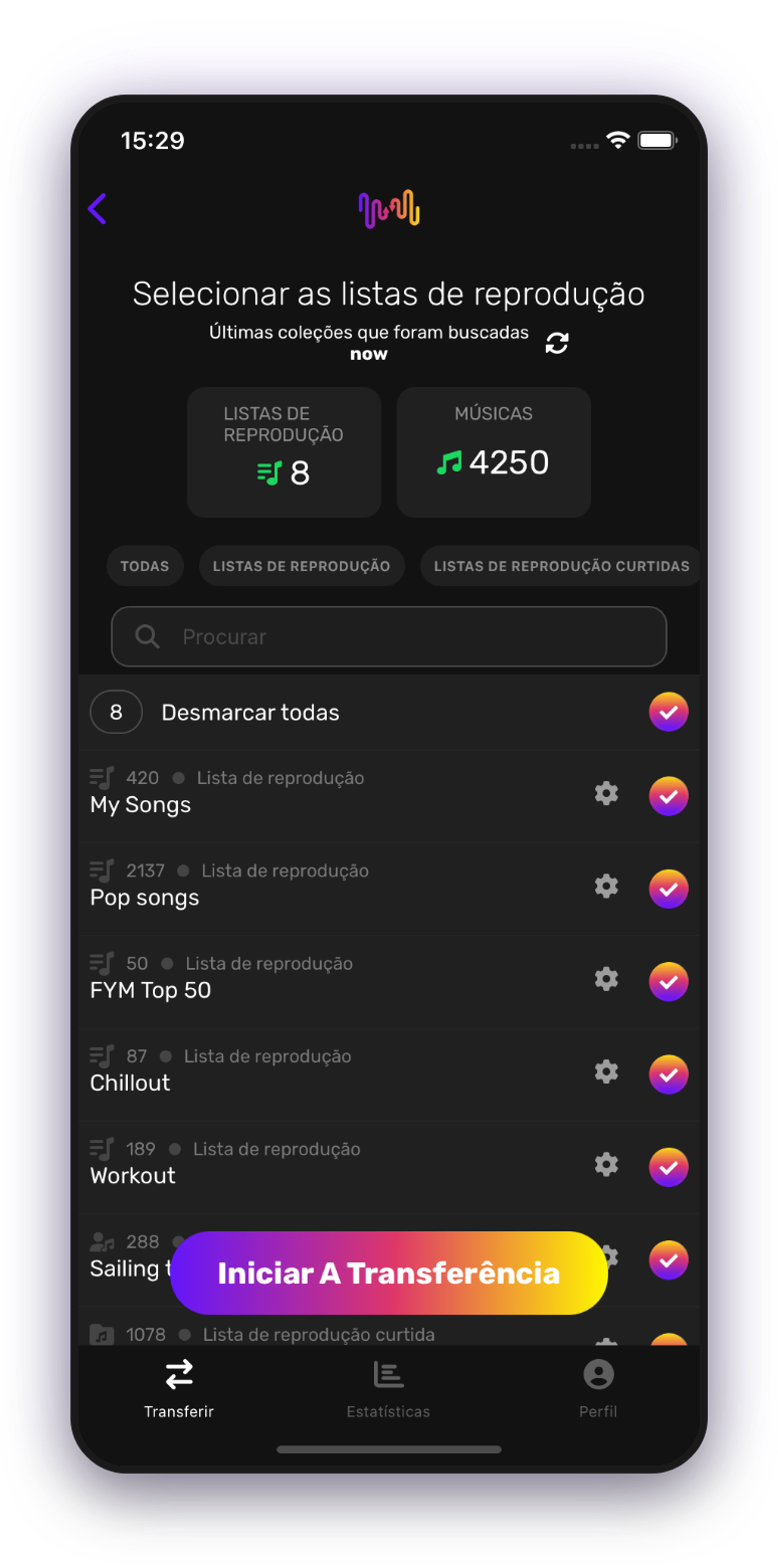 Captura de ecrã da transferência de listas de reprodução selecionadas