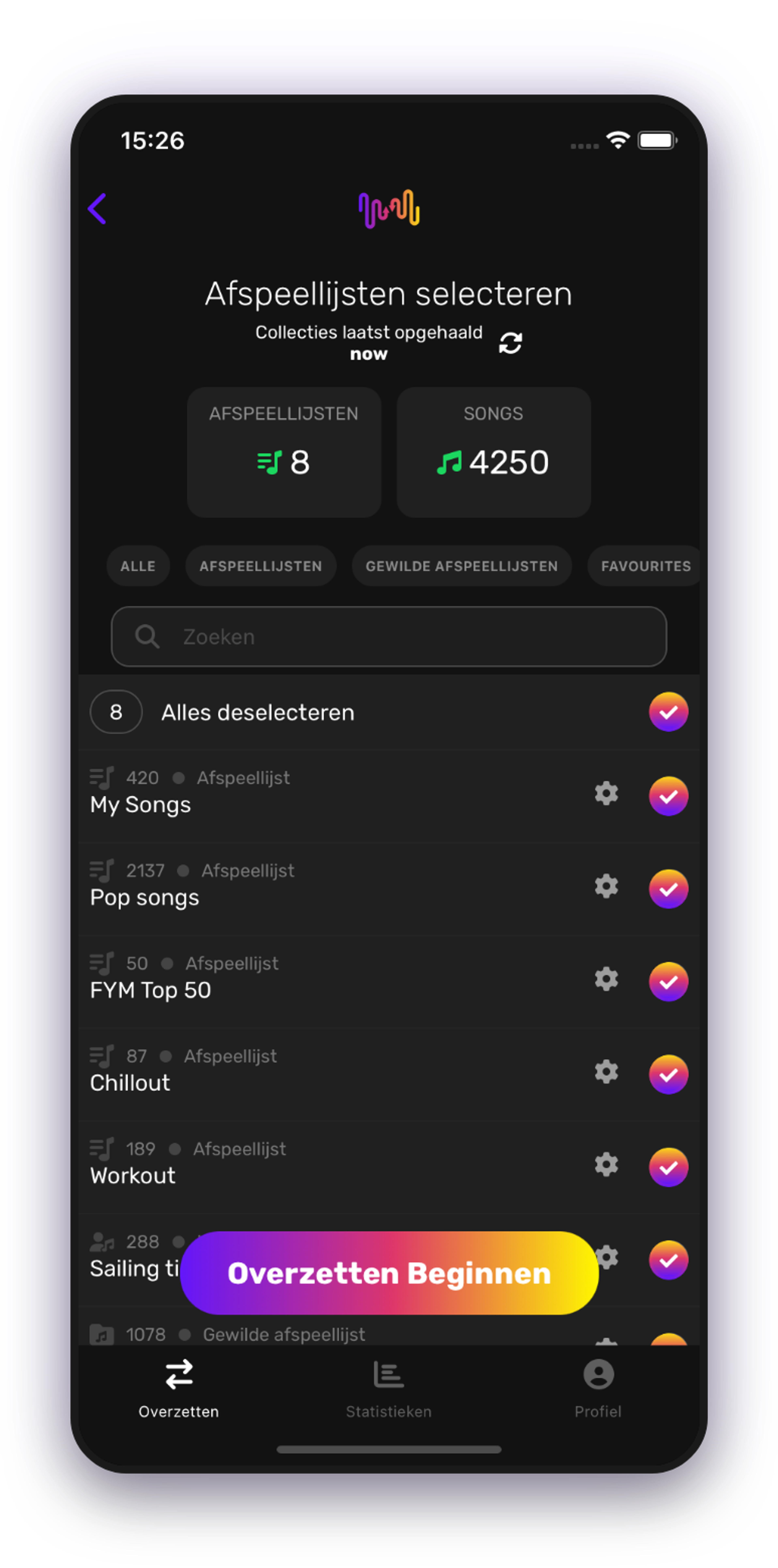 Screenshot van het overbrengen van afspeellijsten