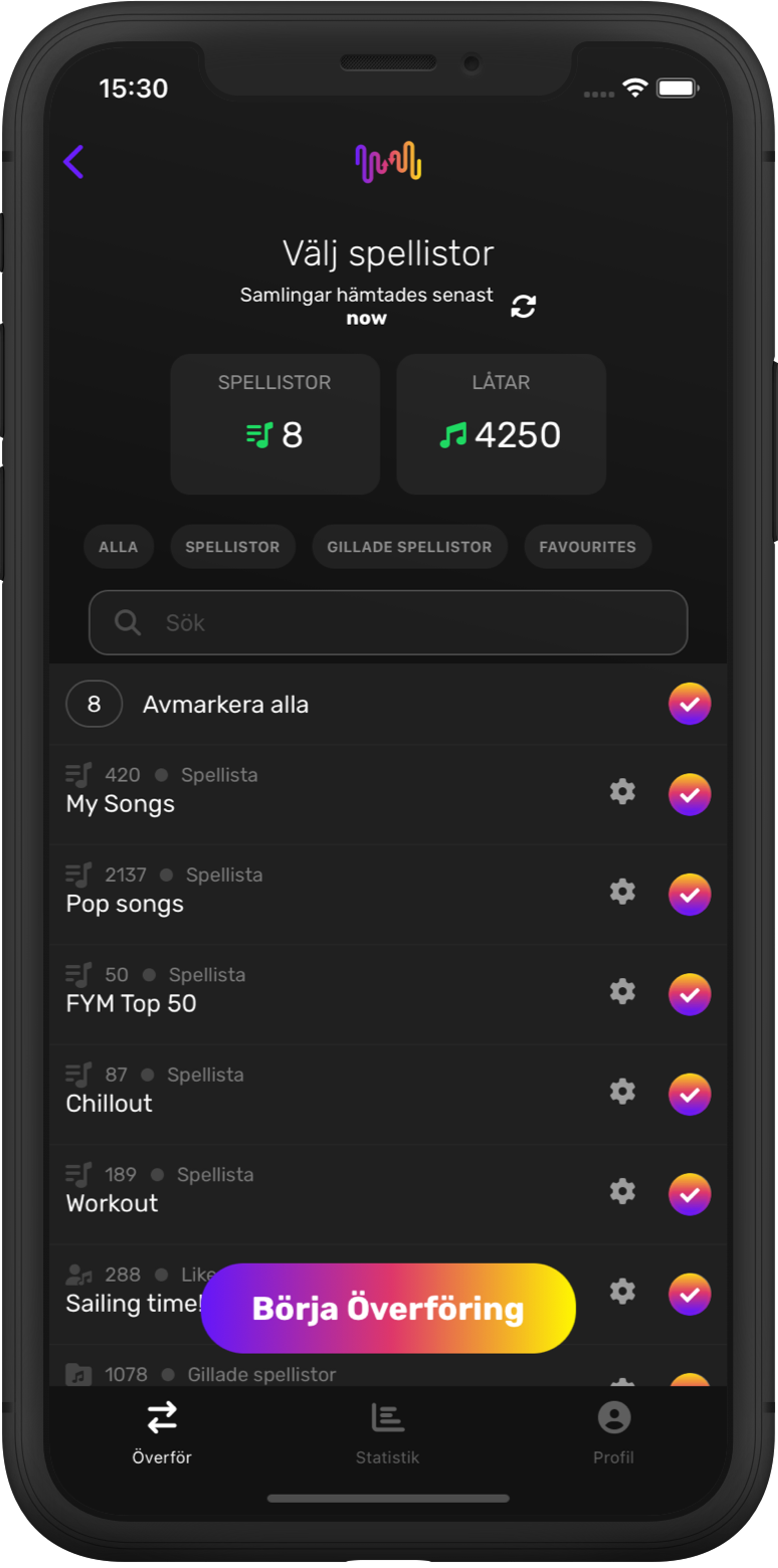 Skärmdump av överföring av plockning av spellistor
