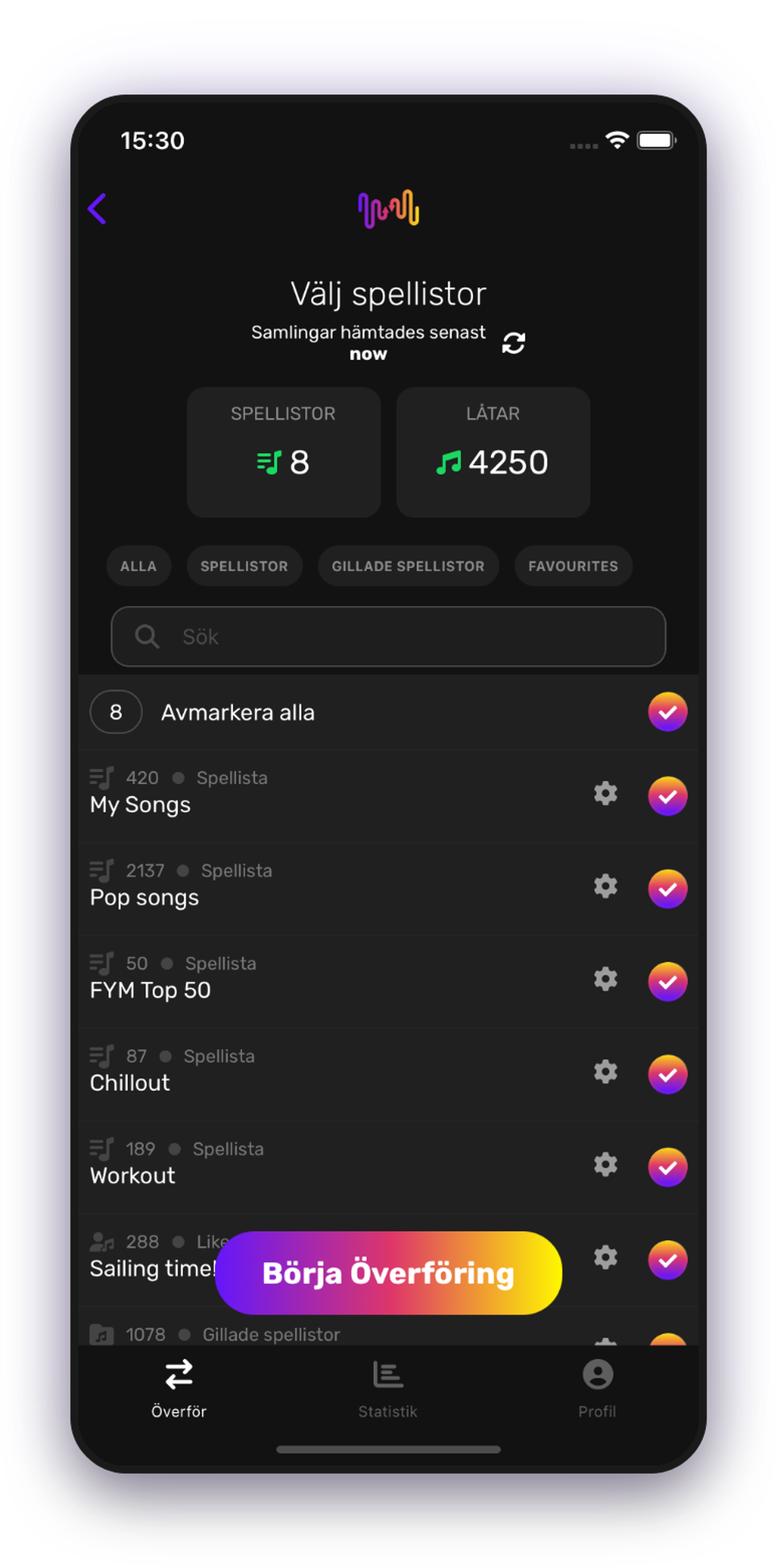 Skärmdump av överföring av plockning av spellistor