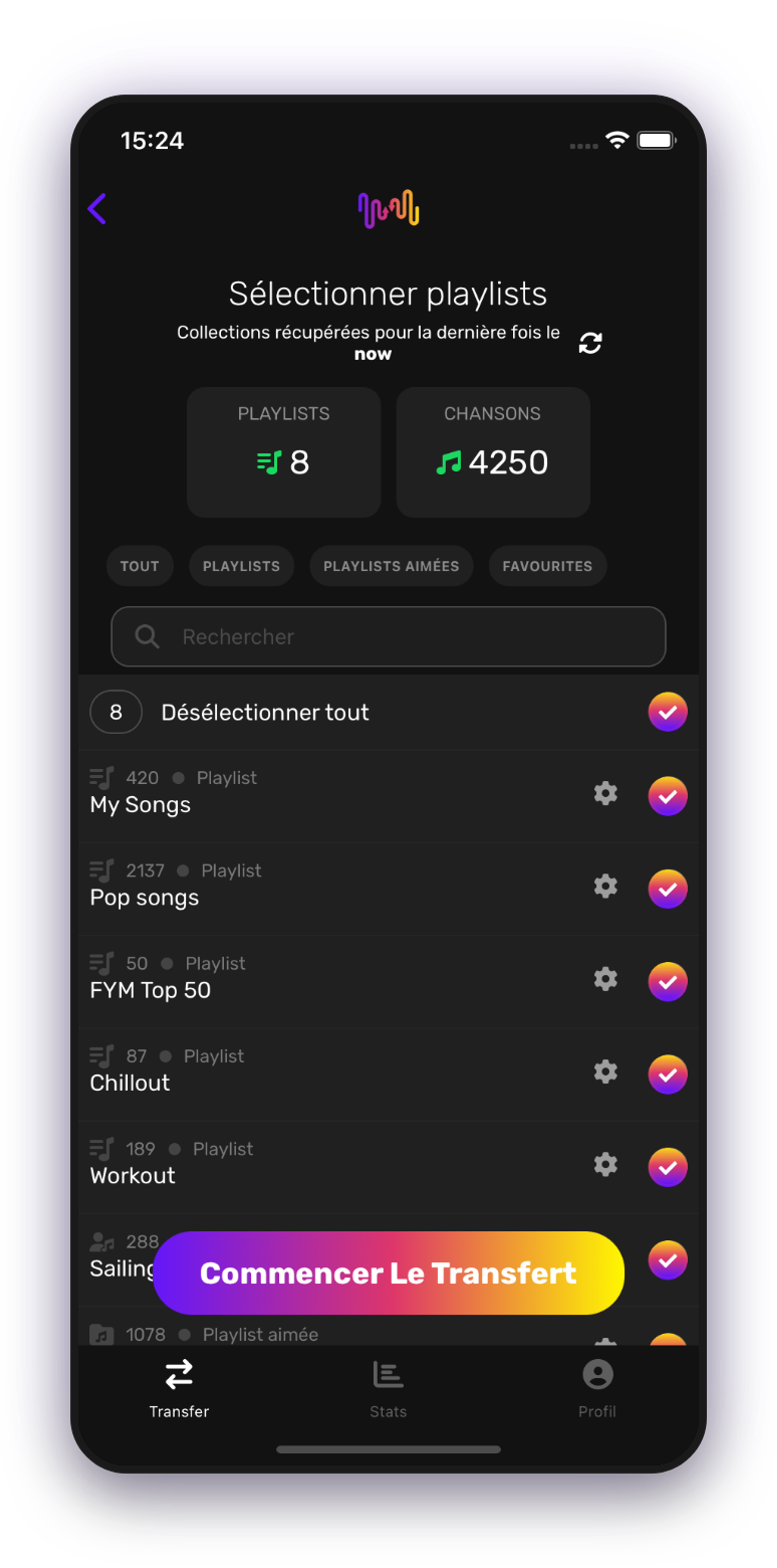 Capture d'écran du transfert des listes de lecture