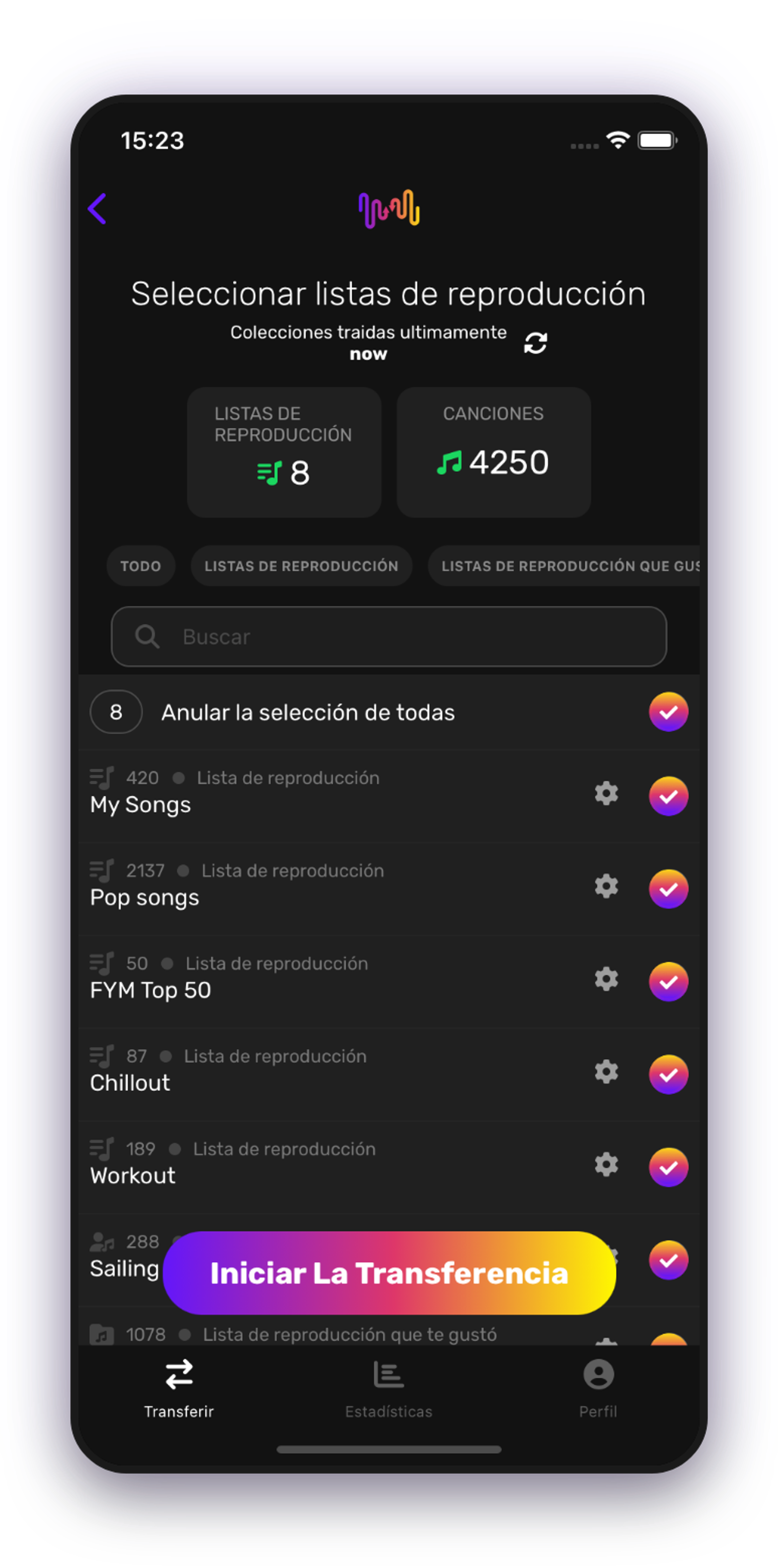 Captura de pantalla de la transferencia de listas de reproducción