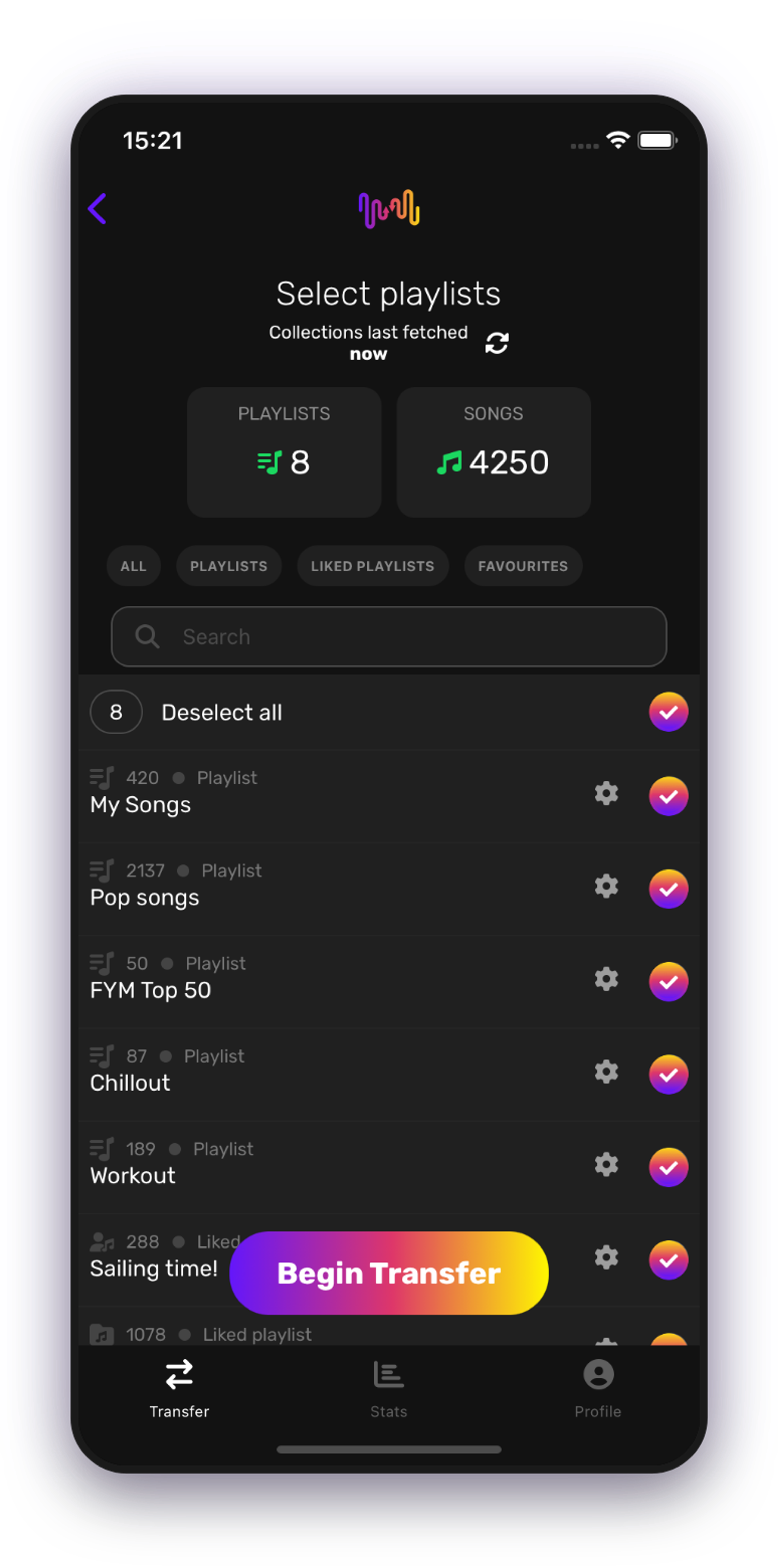 Screenshot of picking playlists transfer