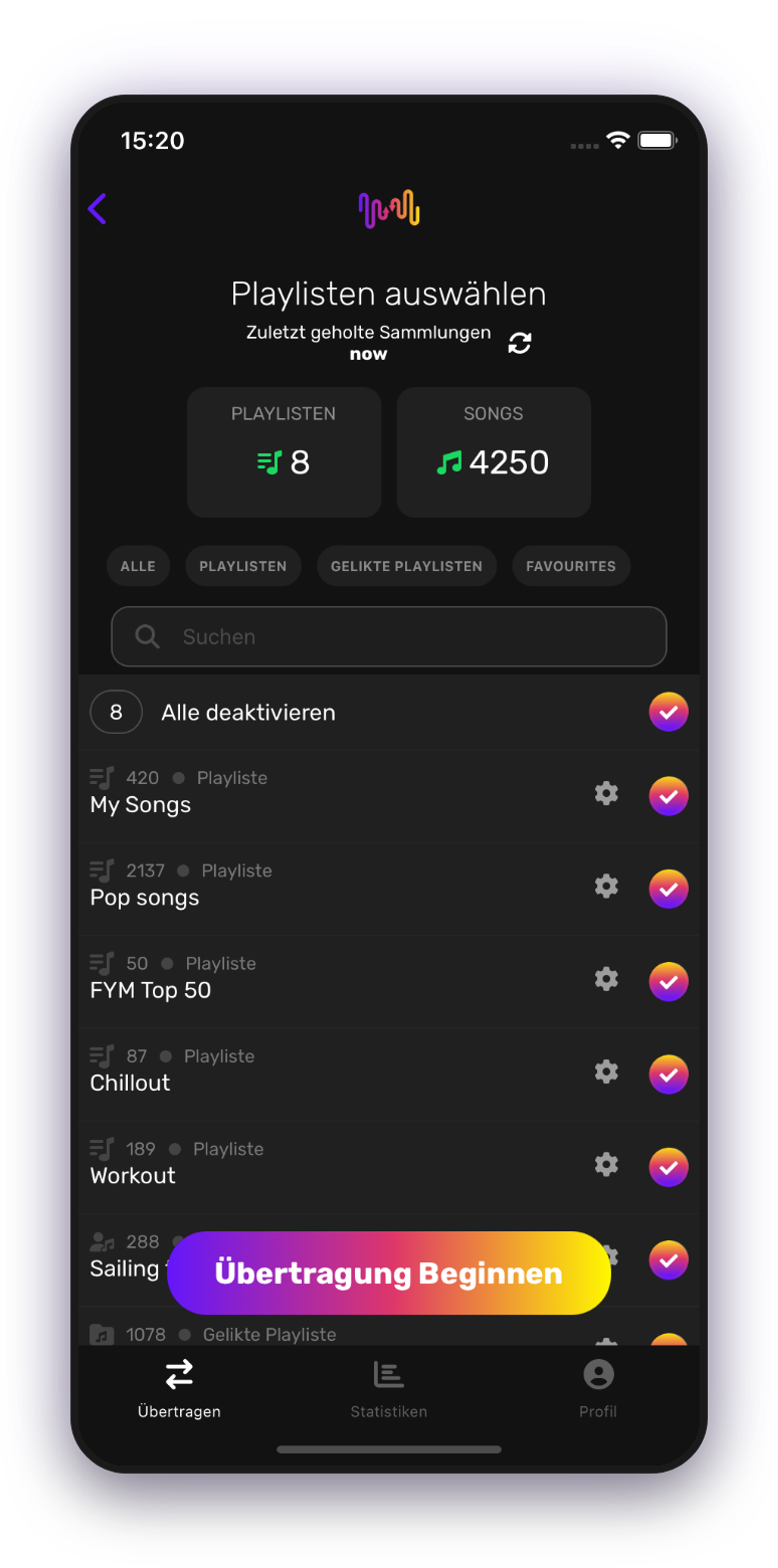 Screenshot der Übertragung von Wiedergabelisten