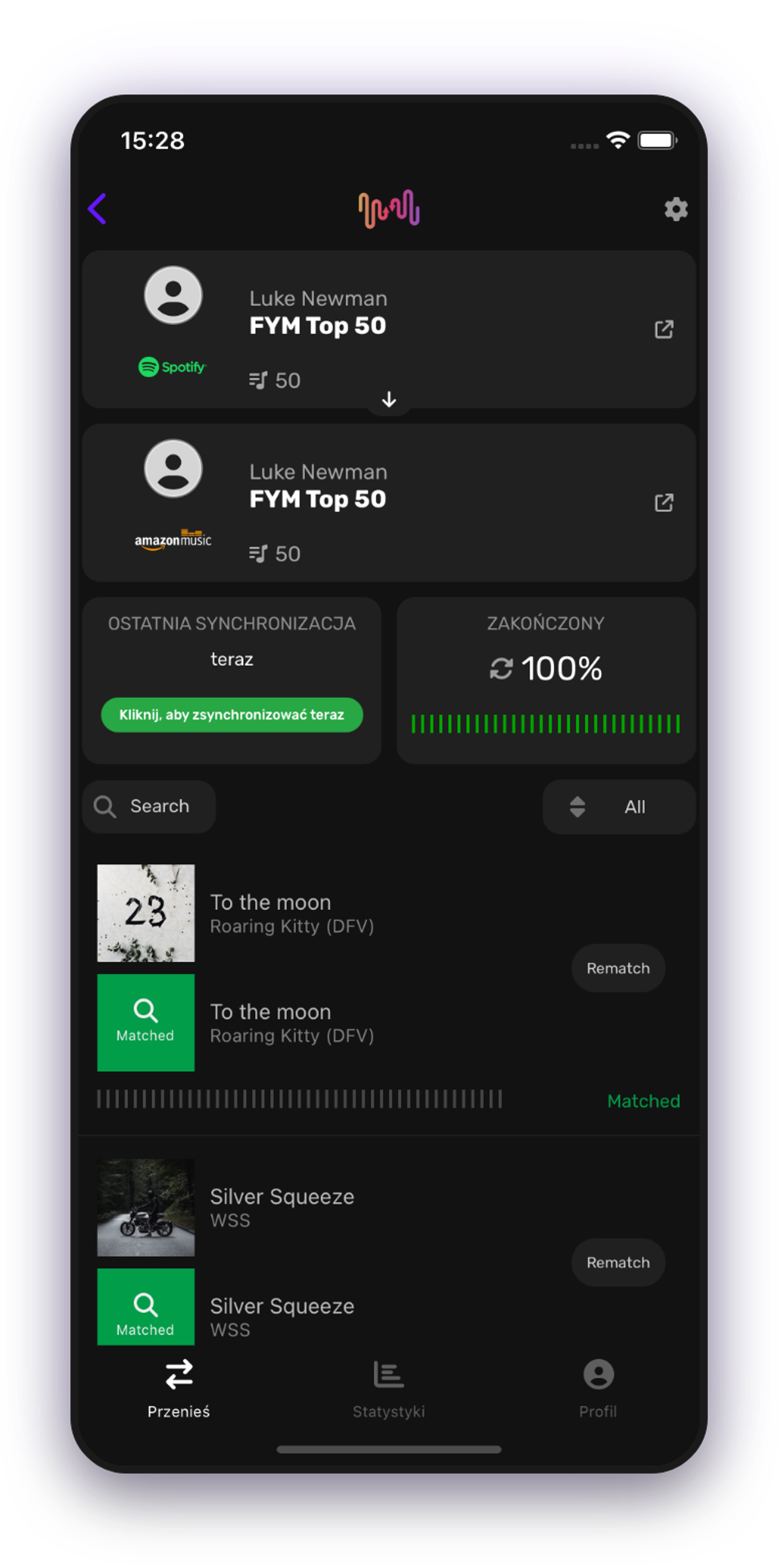 Zrzut ekranu szczegółów transferu listy odtwarzania