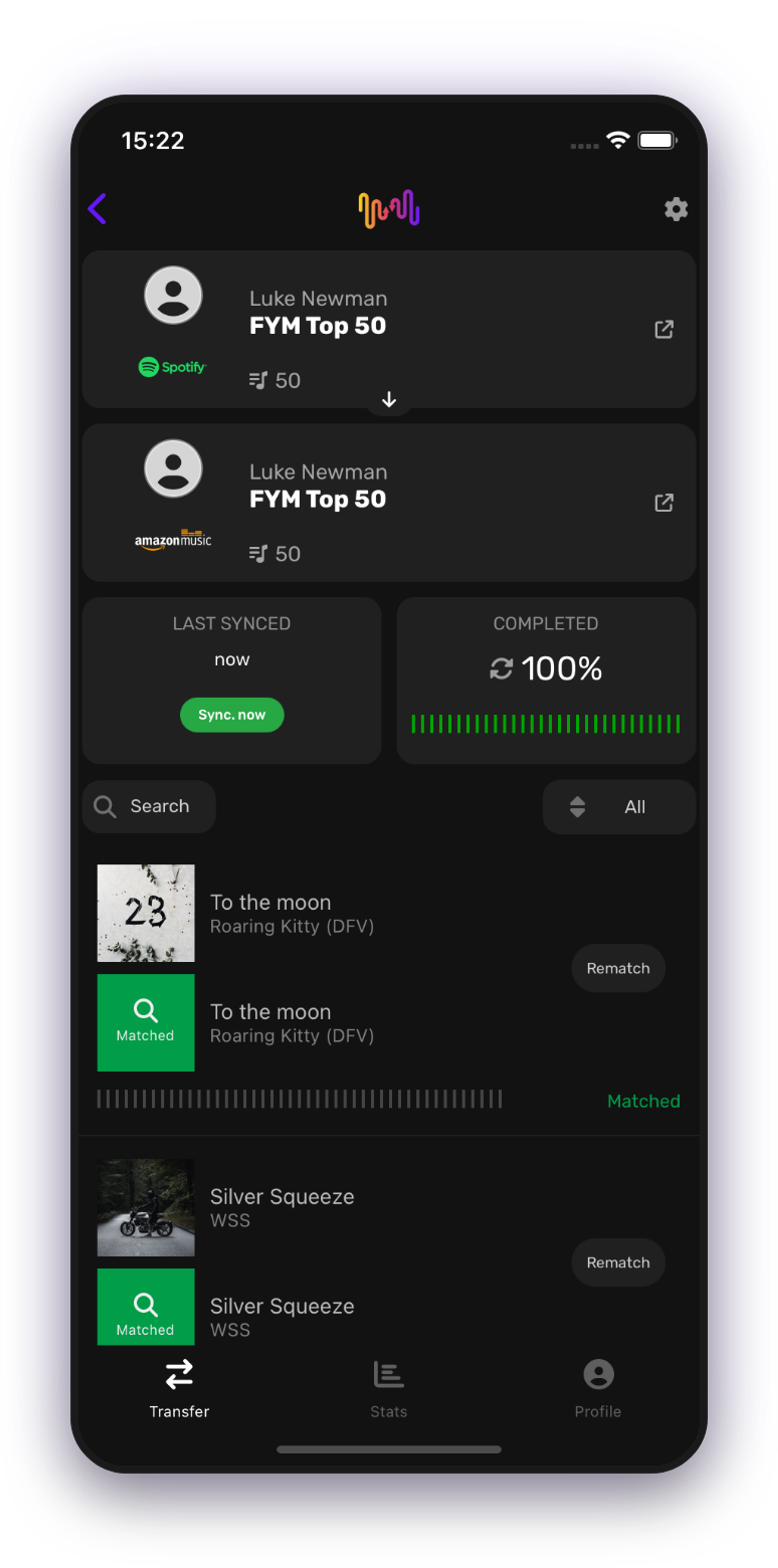Screenshot of playlist transfer details