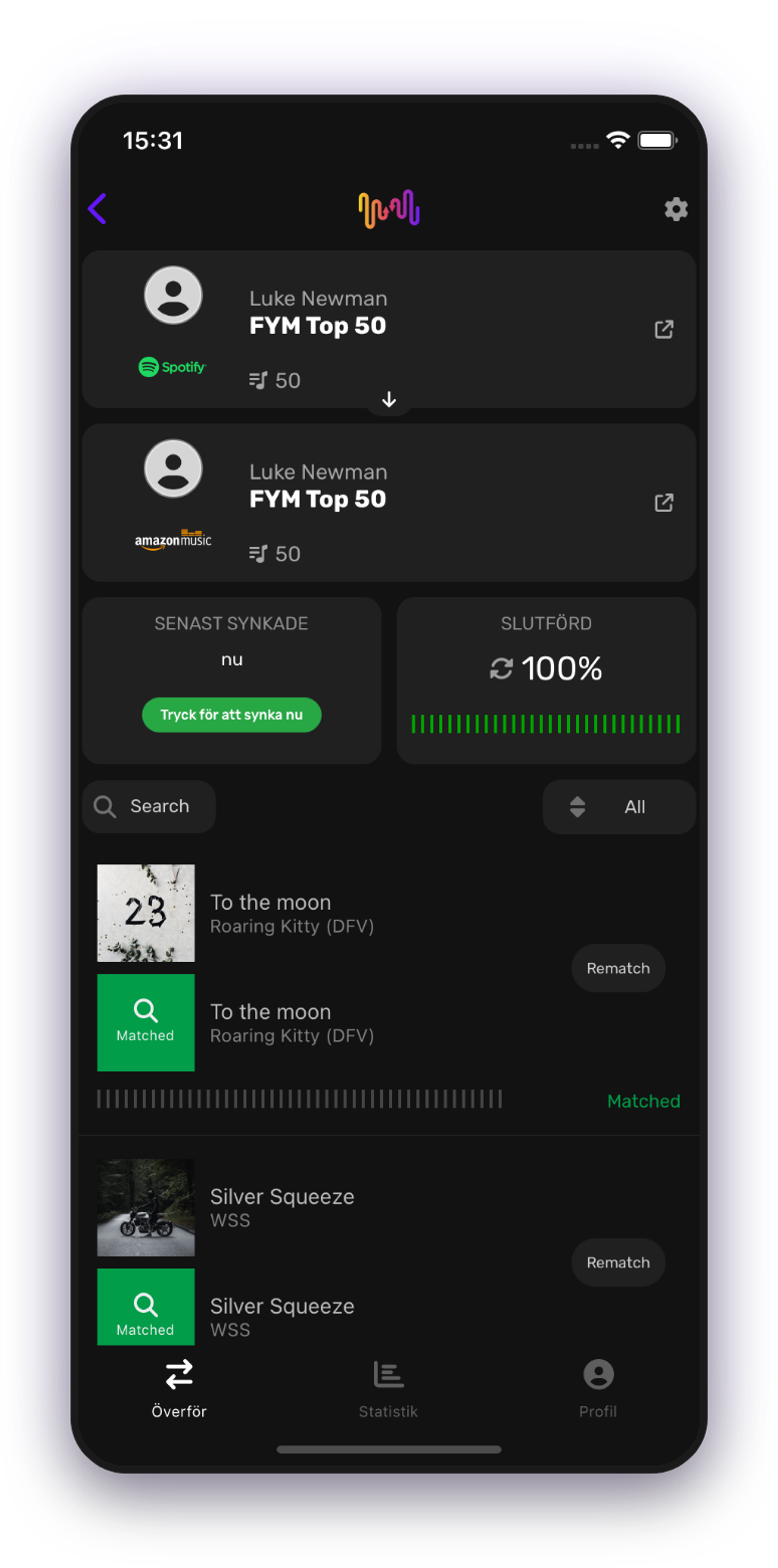 Skärmdump av detaljer för överföring av spellista