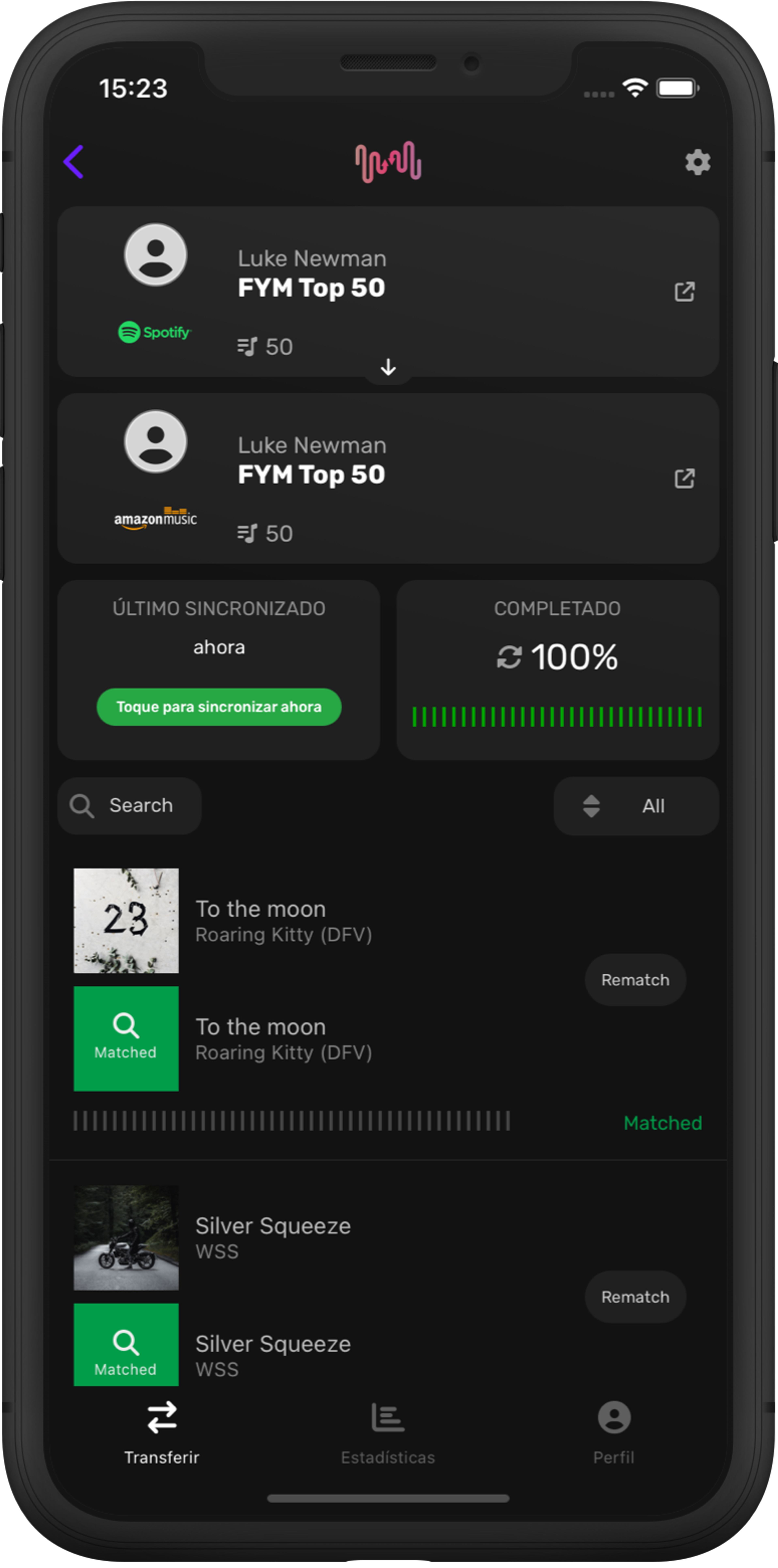 Captura de pantalla de los detalles de la transferencia de listas de reproducción