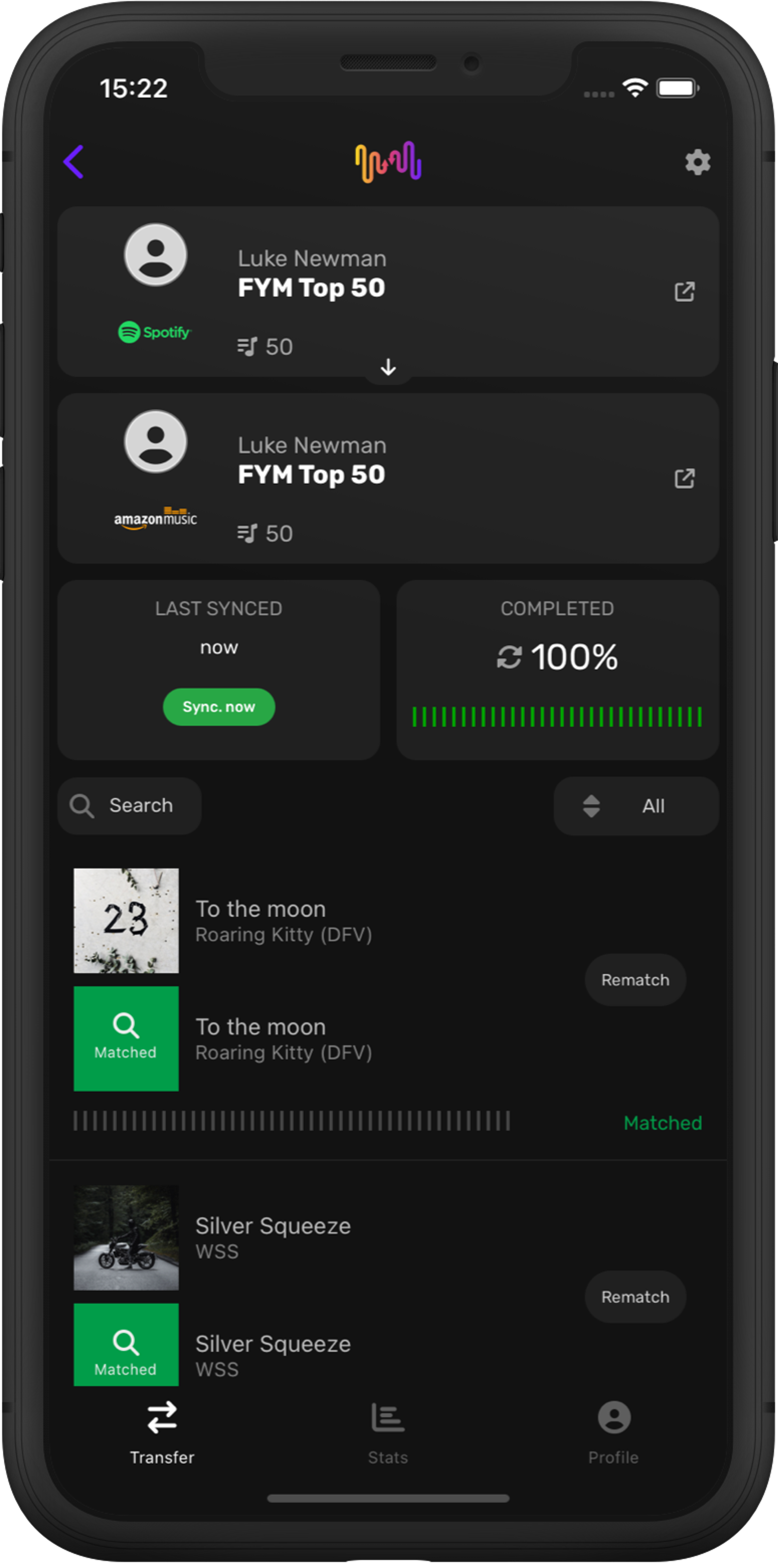 Screenshot of playlist transfer details