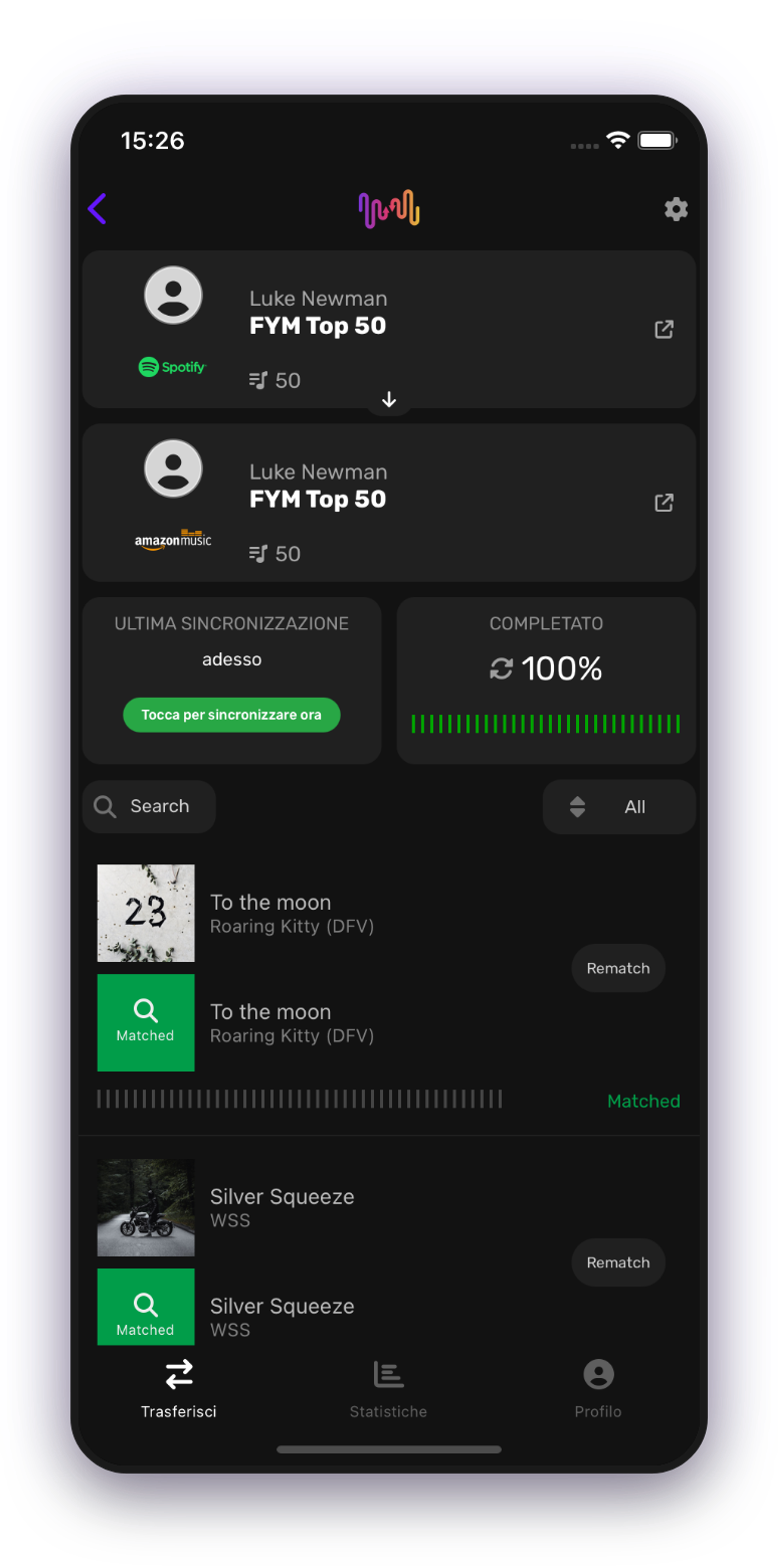 Screenshot dei dettagli del trasferimento della playlist