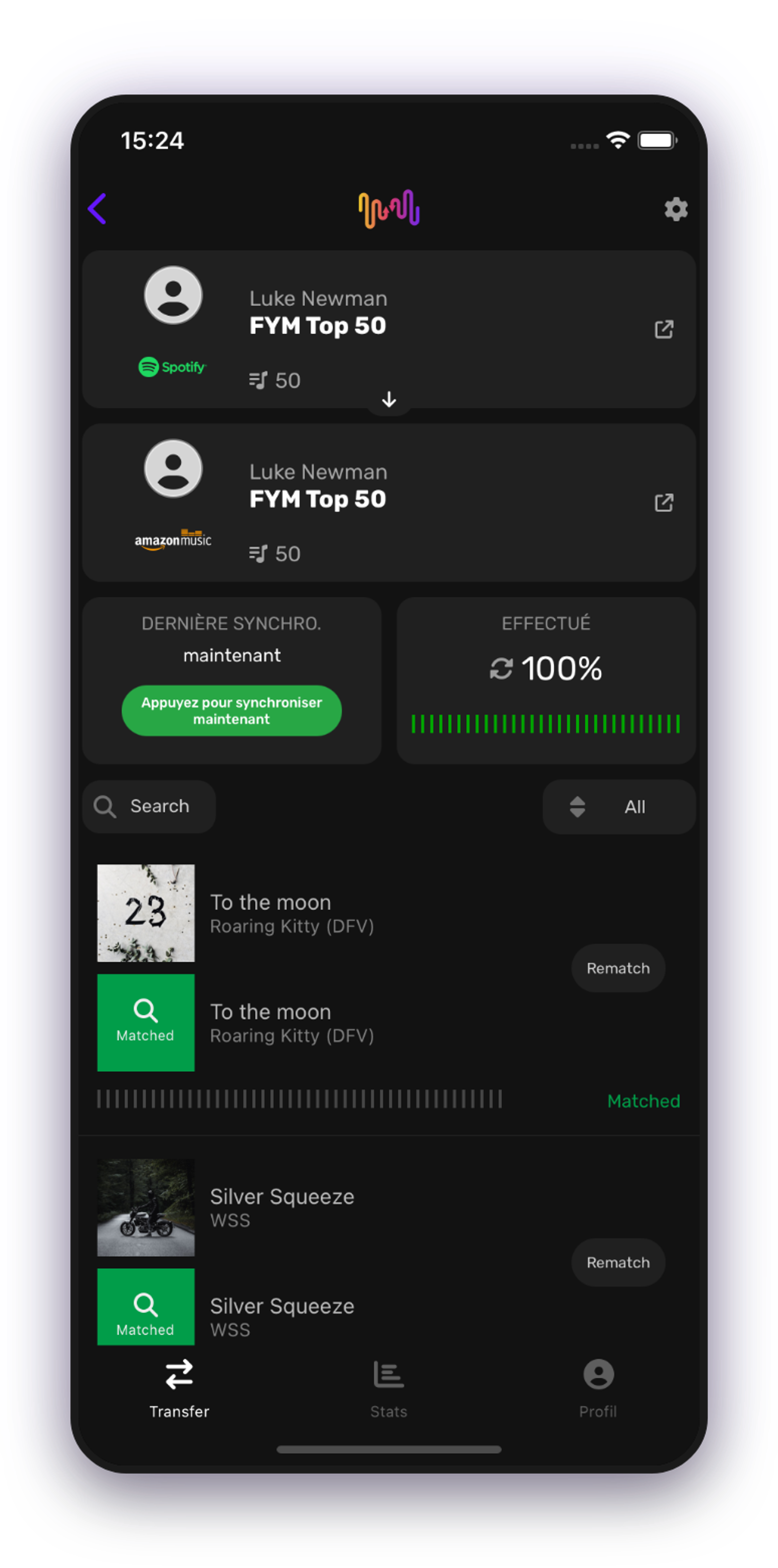 Capture d'écran des détails du transfert de la liste de lecture