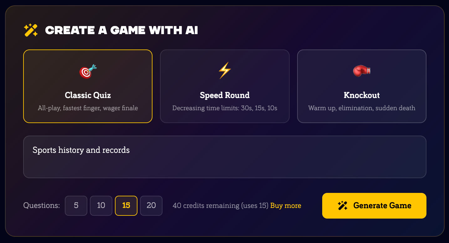 AI game creation interface showing game type selection, topic input, and generate button