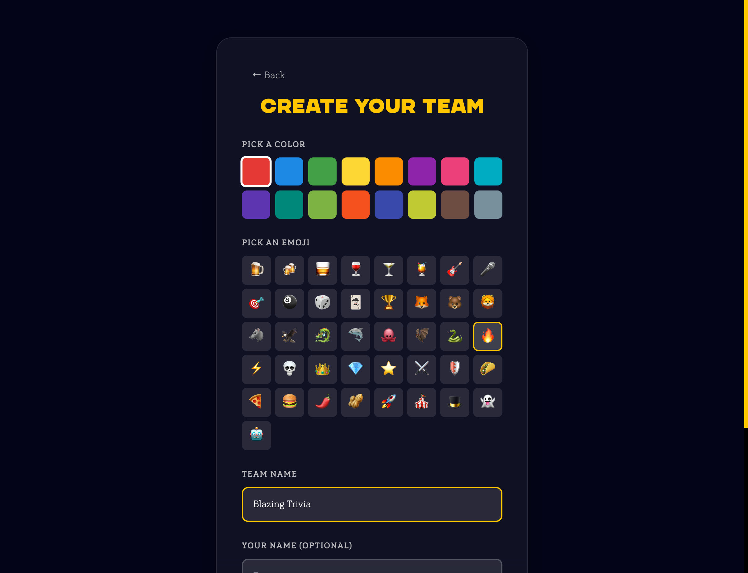 Team customization screen showing color and emoji selection