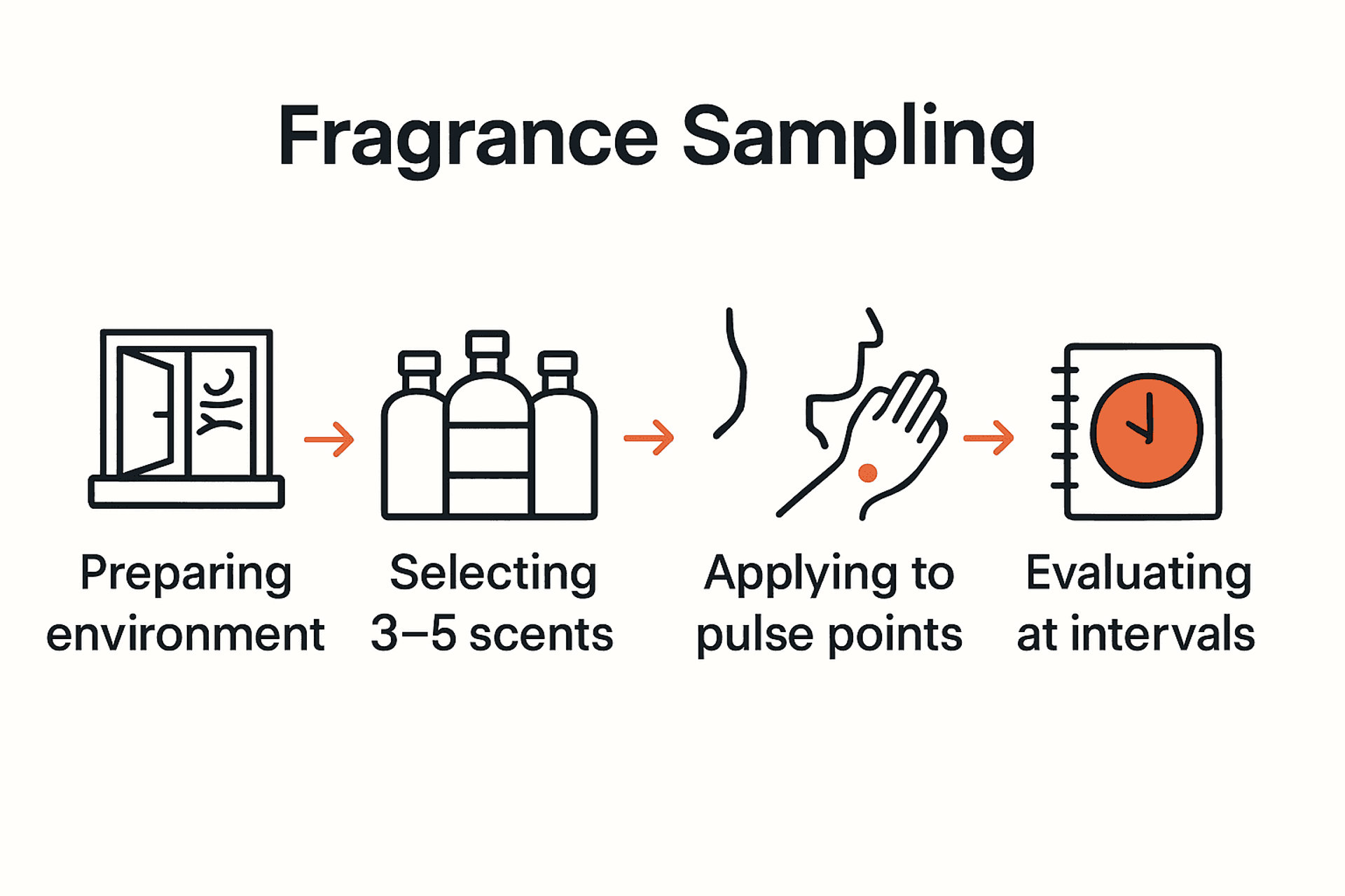 Infographic showing fragrance sampling steps with icons and arrows.
