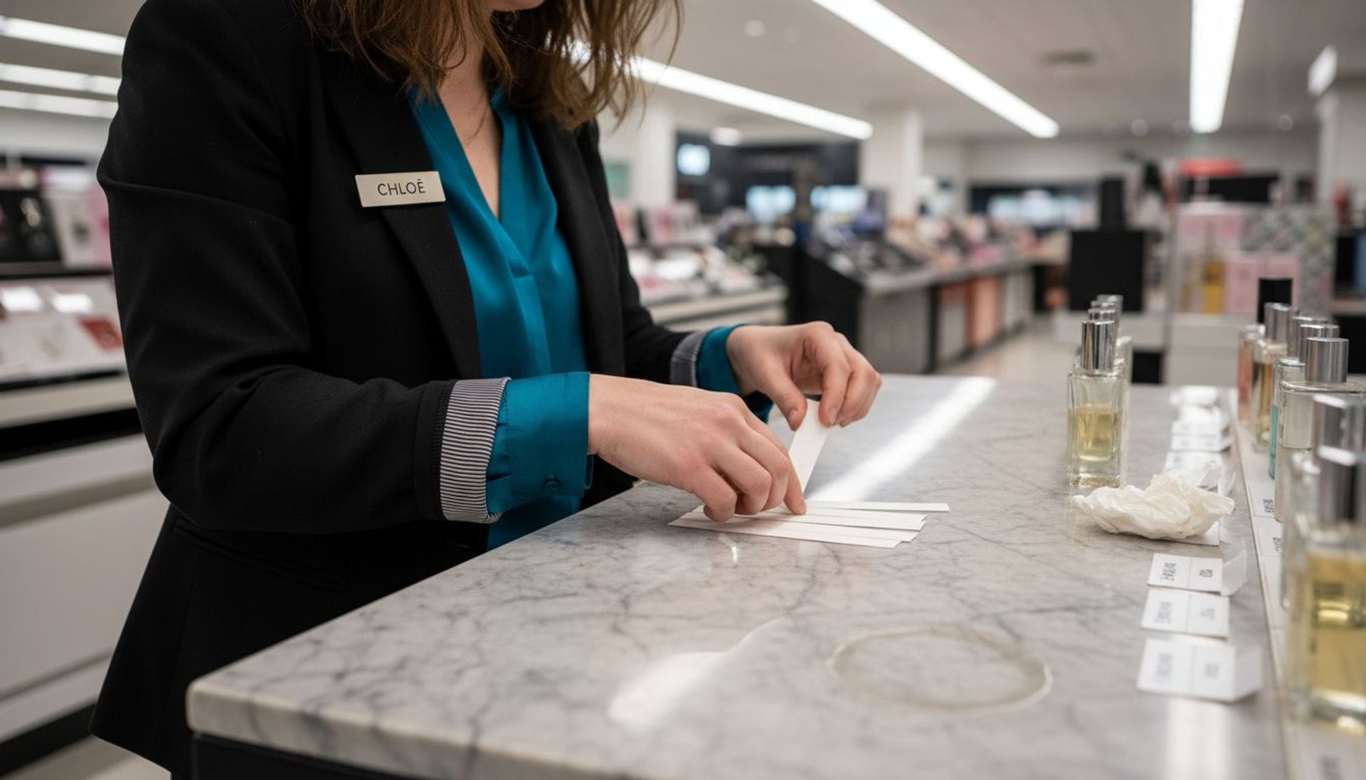 Assistant preparing perfume blotter strips