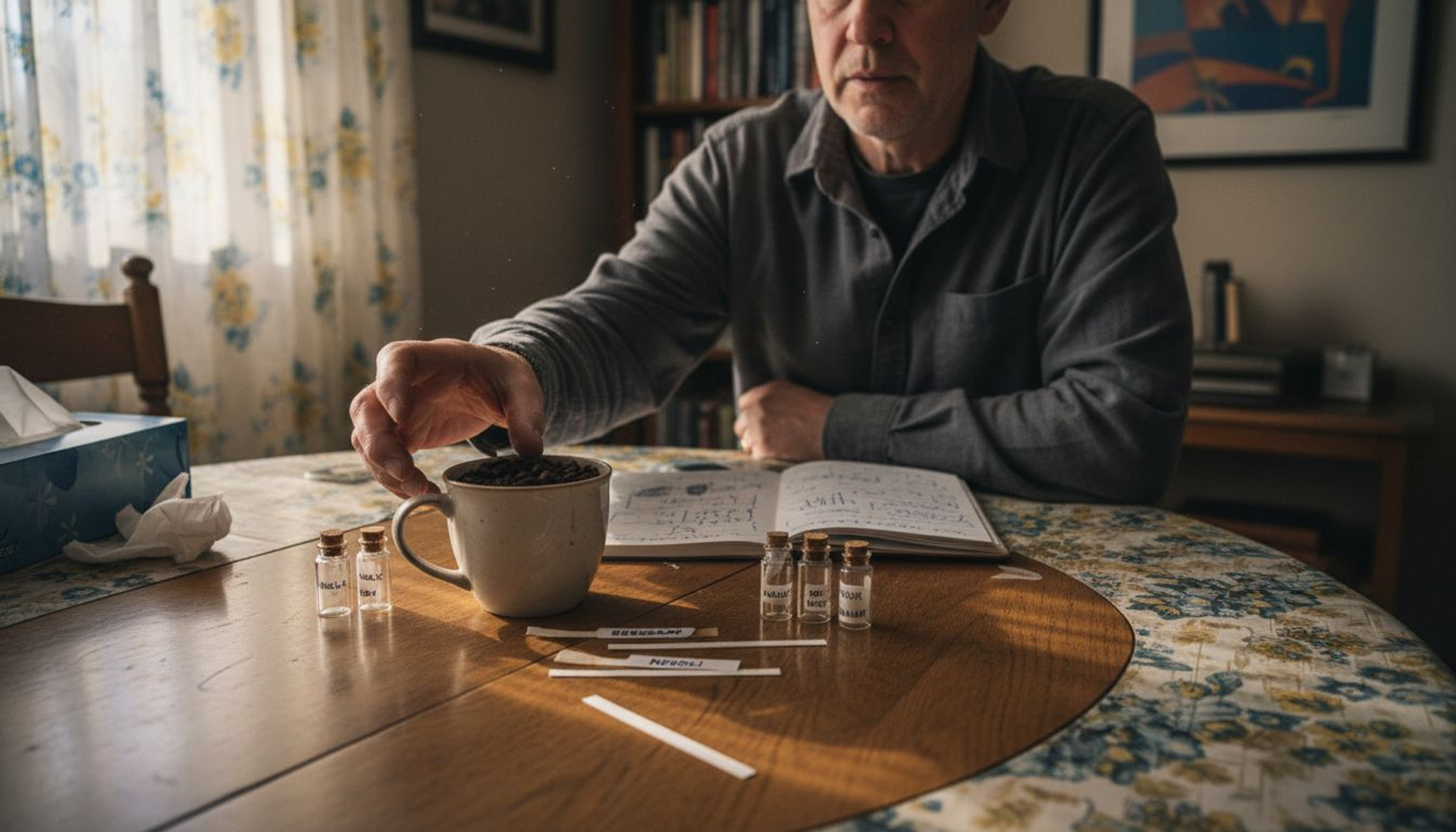 Man using coffee beans for scent reset