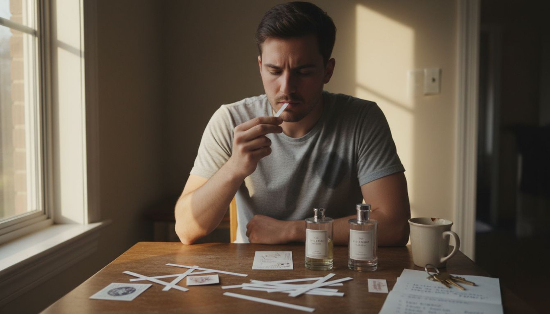 Man testing perfumes at cluttered kitchen table