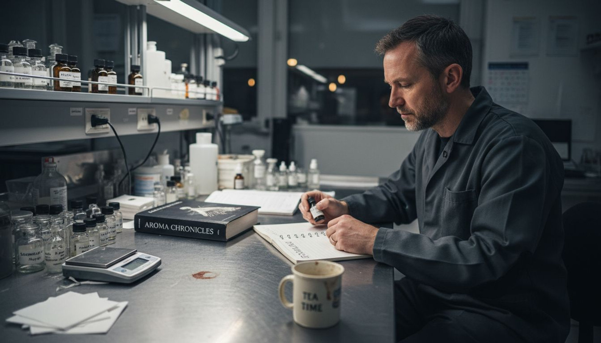 Perfumer evaluating scent samples on workbench
