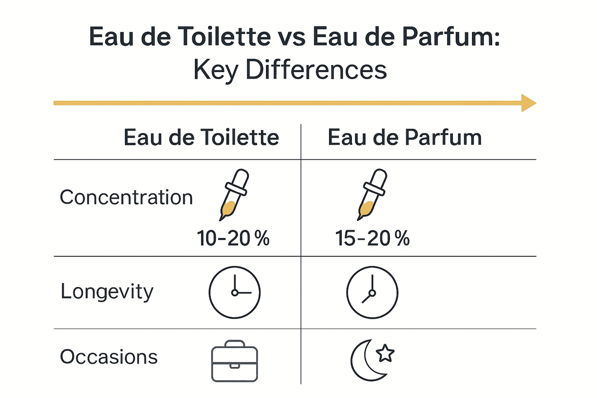 Infographic comparing concentration, longevity, and usage of eau de toilette and eau de parfum.