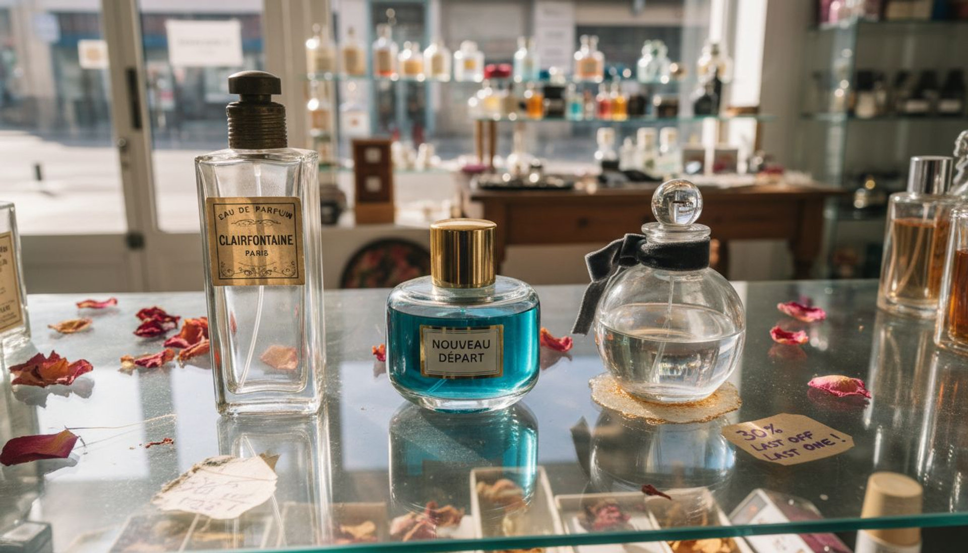 Three varied perfume bottles on boutique shelf