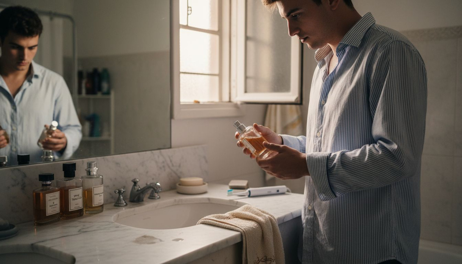 Man comparing different perfume bottles