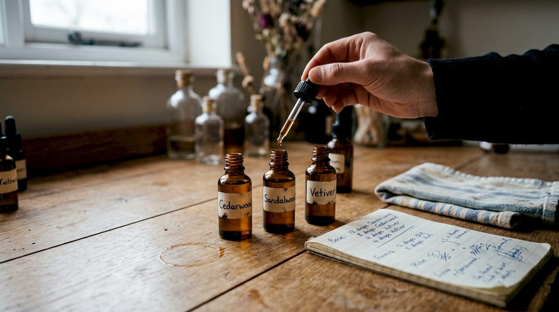 Woody perfume materials and handwritten notes