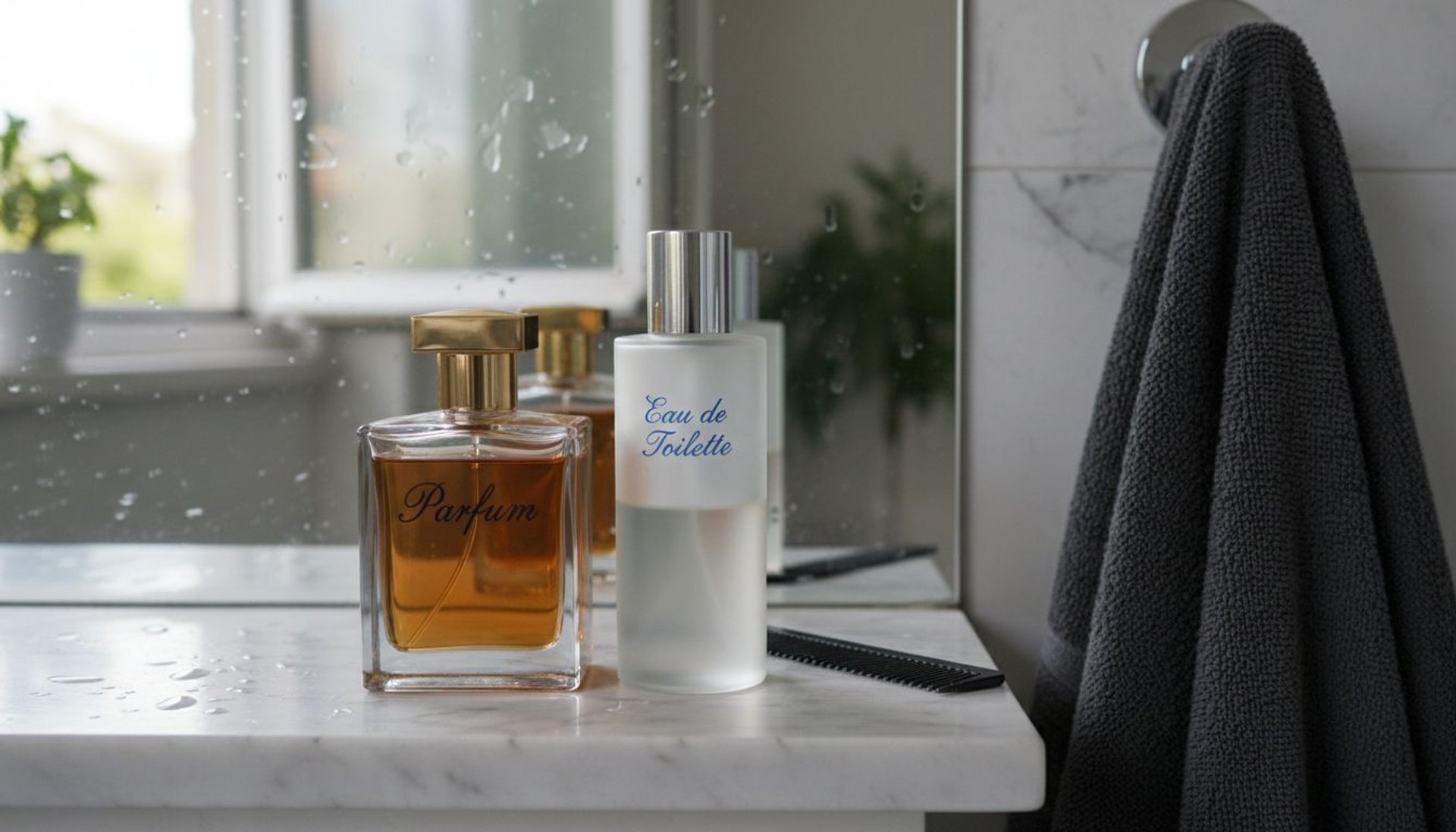 Parfum and Eau de Toilette bottles on shelf