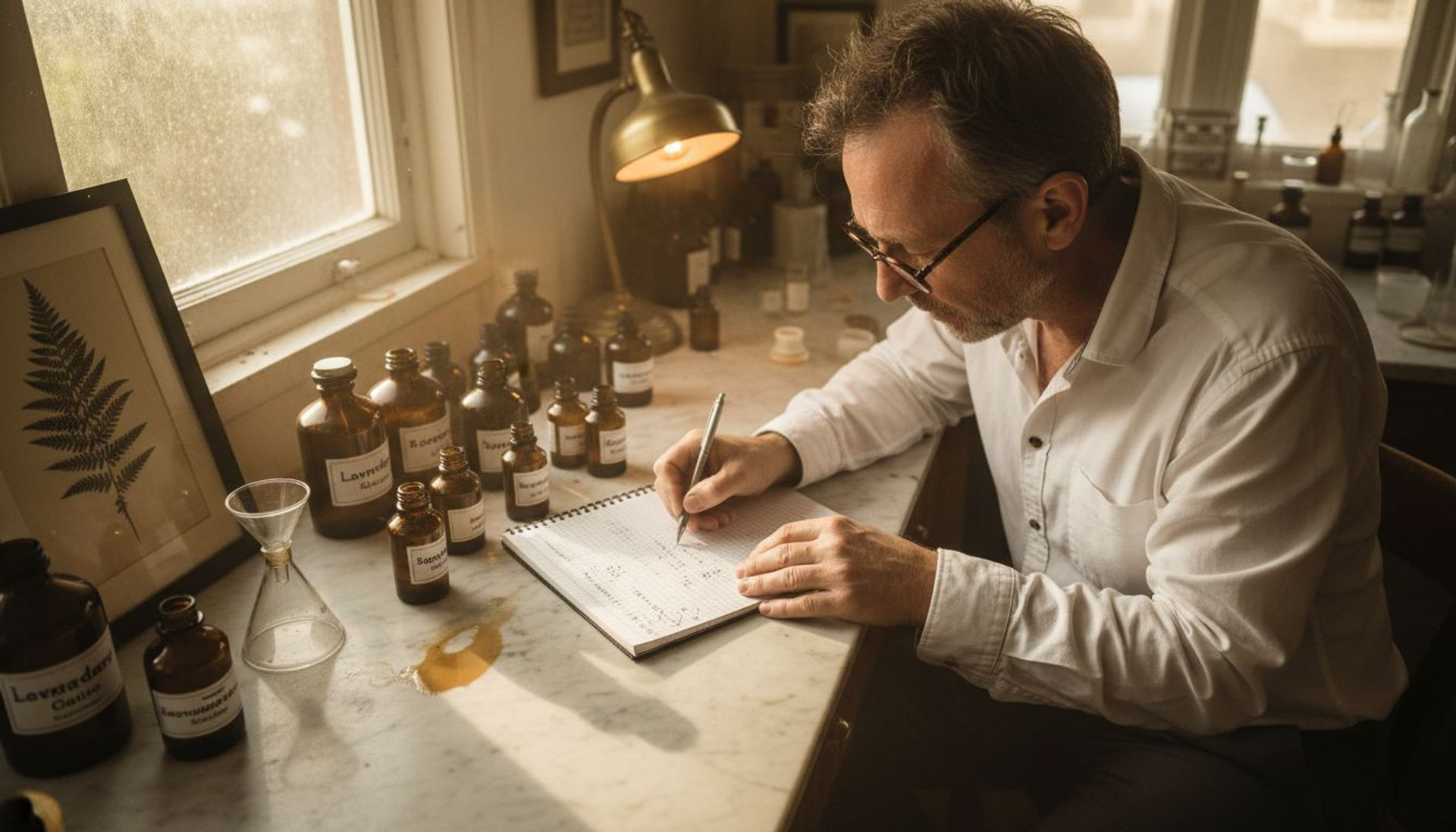 Man analyzing fragrance ingredients in apothecary