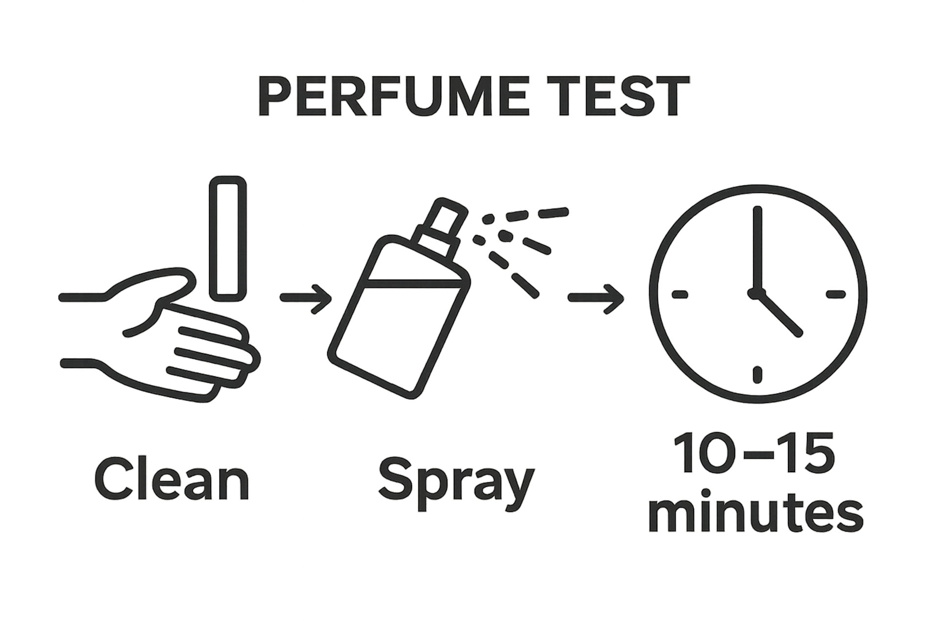 Infografika przedstawia trzy wizualne kroki: wybór paska testowego lub nadgarstka, rozpylenie perfum pod kątem i oczekiwanie na rozwój zapachu