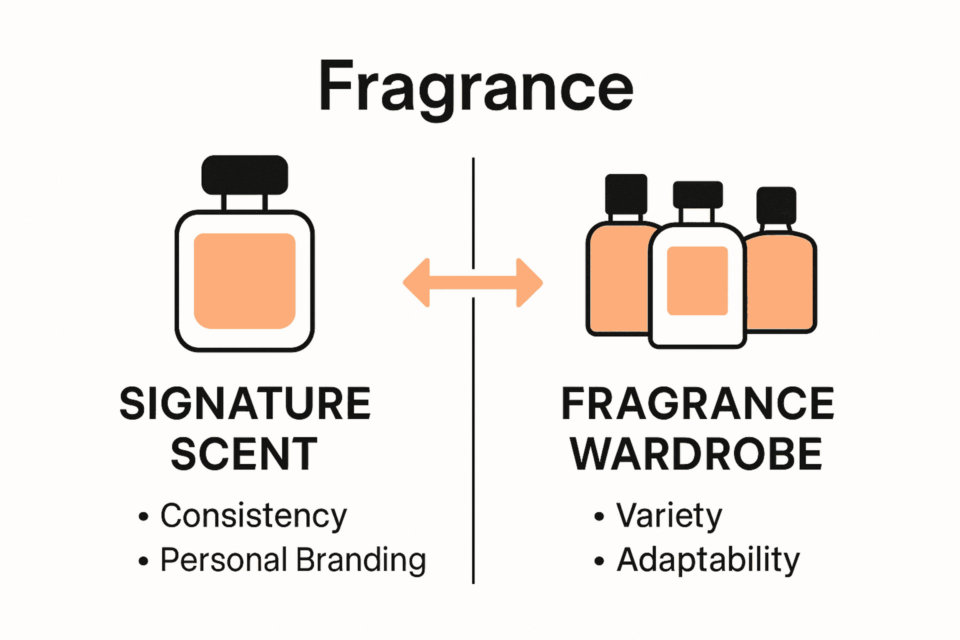 Infografica che confronta gli approcci al profumo d'autore e al guardaroba di fragranze
