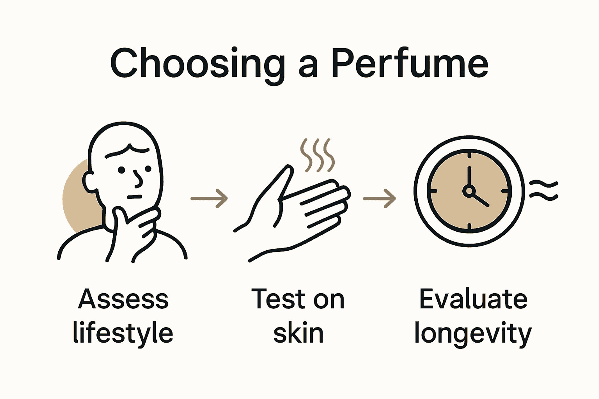 信息图表概述了选择香水的步骤，图标代表个人评估、皮肤测试和评估香水的持久性。