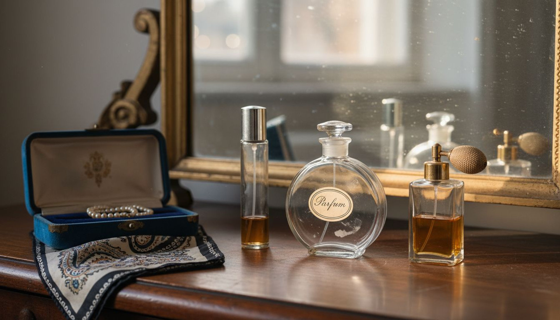Different parfum bottles on vanity