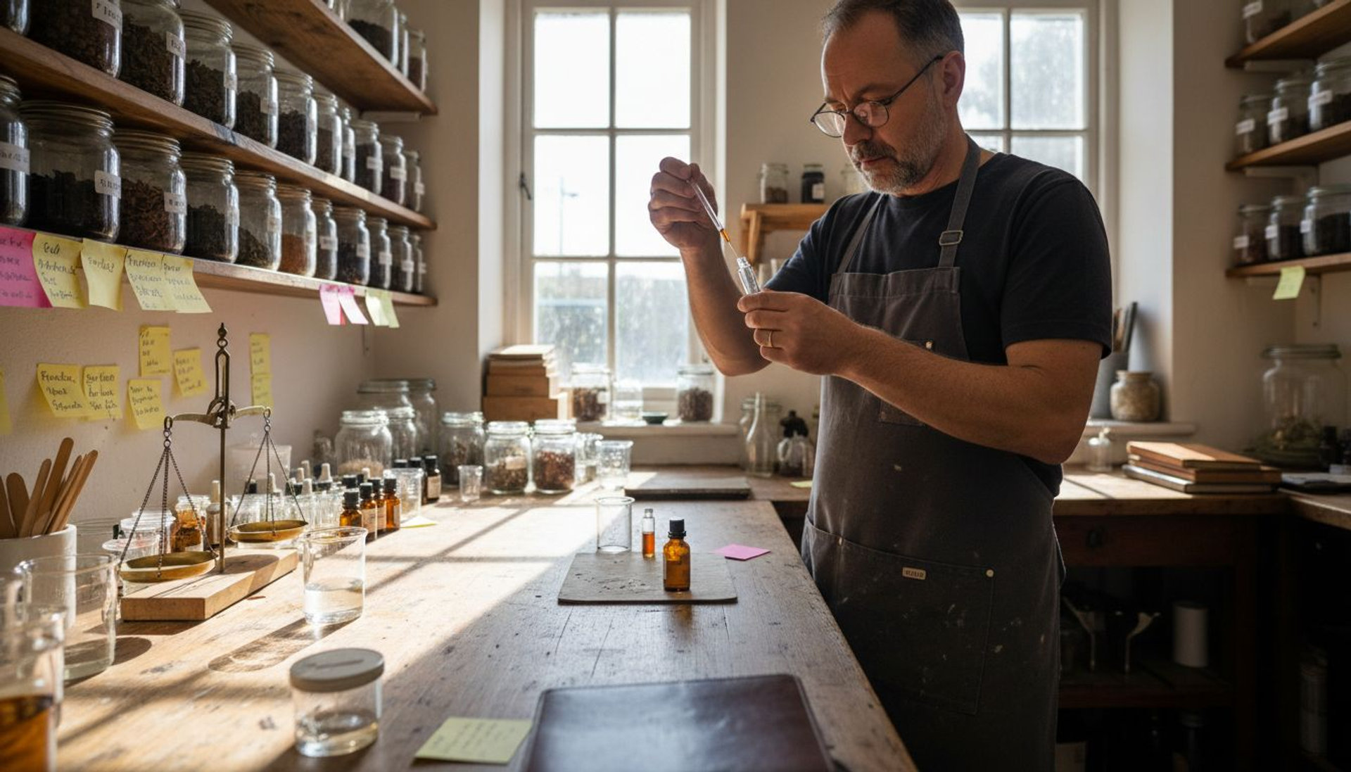 Perfumer mixing rare oils in studio