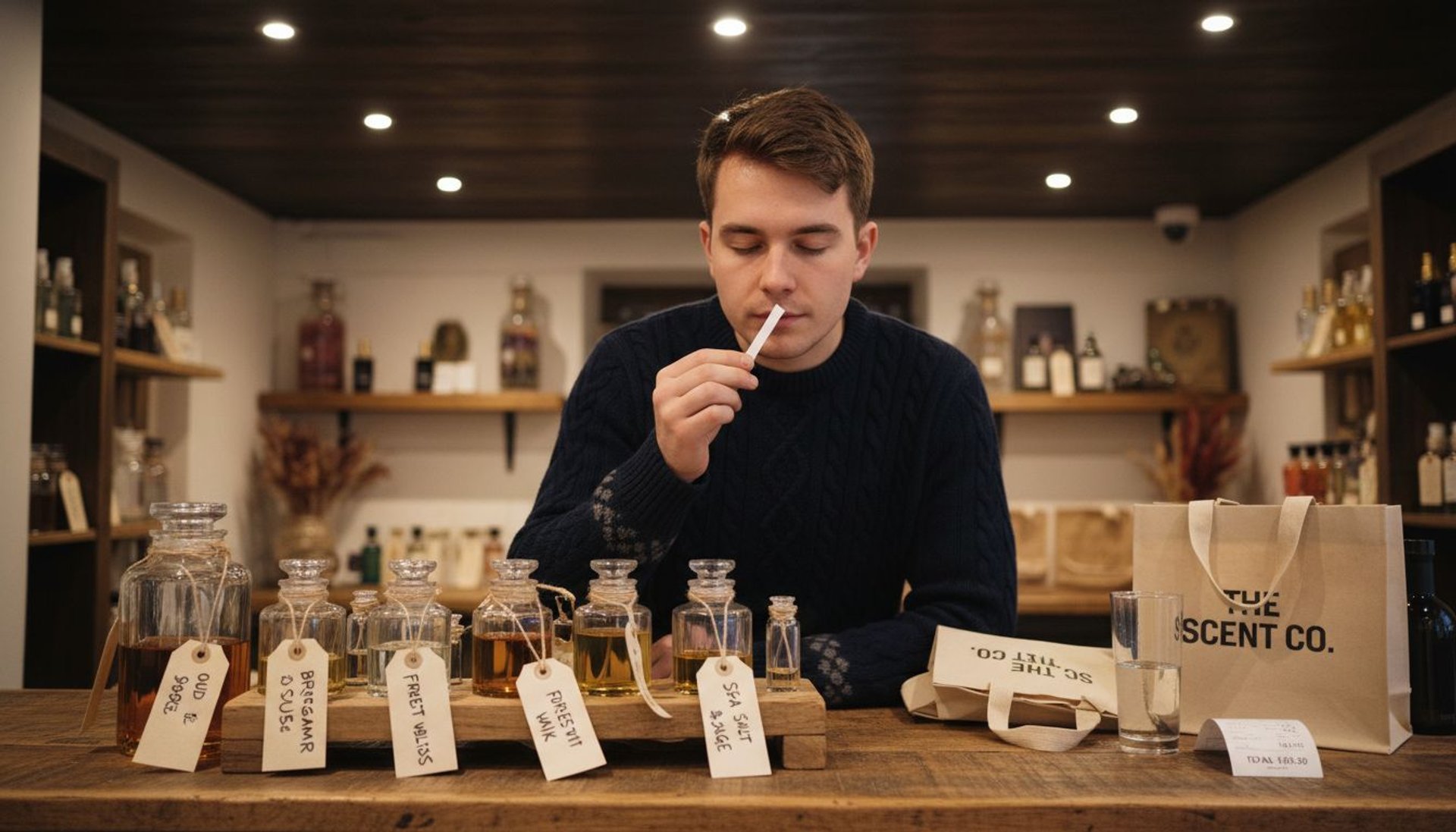Man sampling fragrance strip in shop