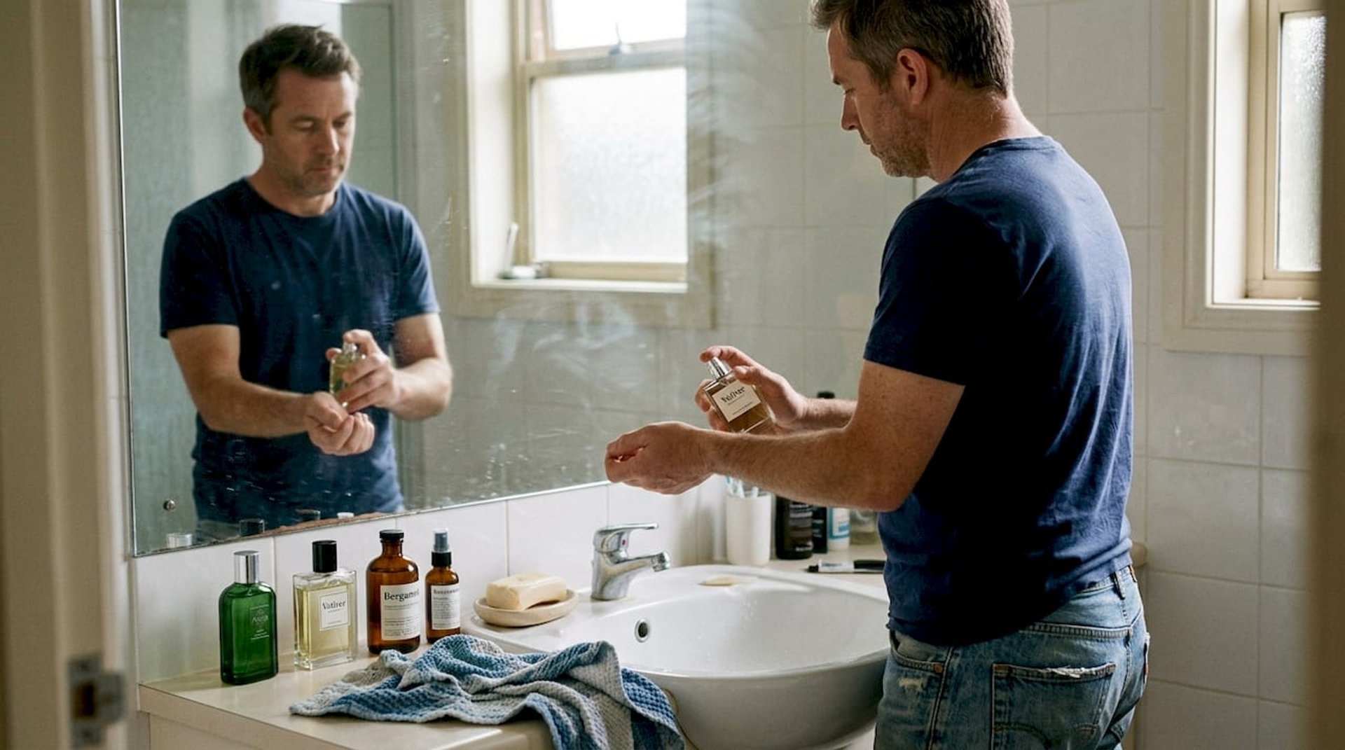 Man layering fragrances at bathroom sink