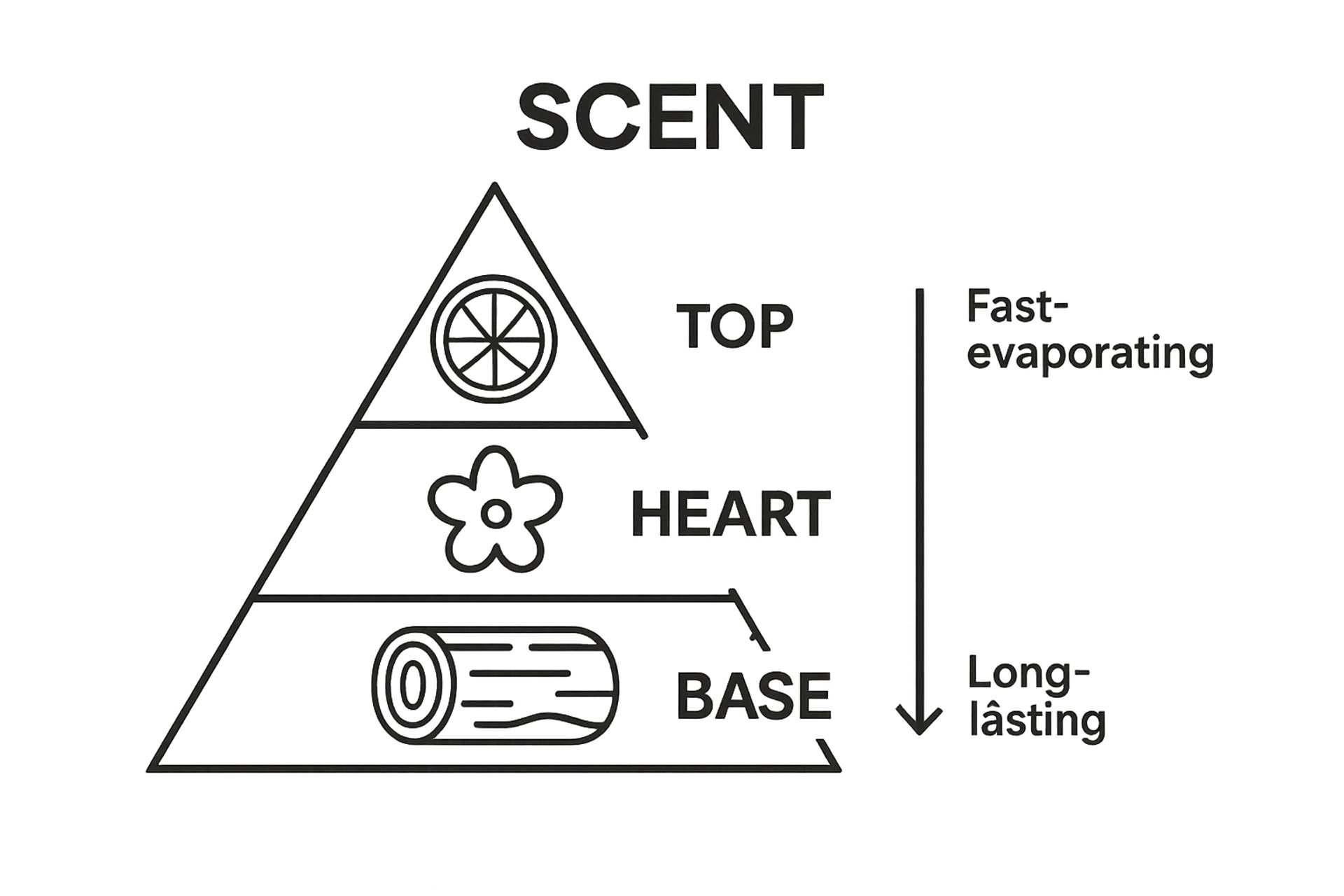 Piramida nut zapachowych przedstawiająca warstwę górną, środkową i bazową z ikonami.