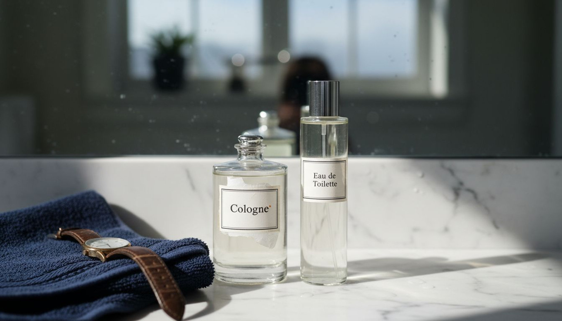 Side-by-side cologne and eau de toilette bottles