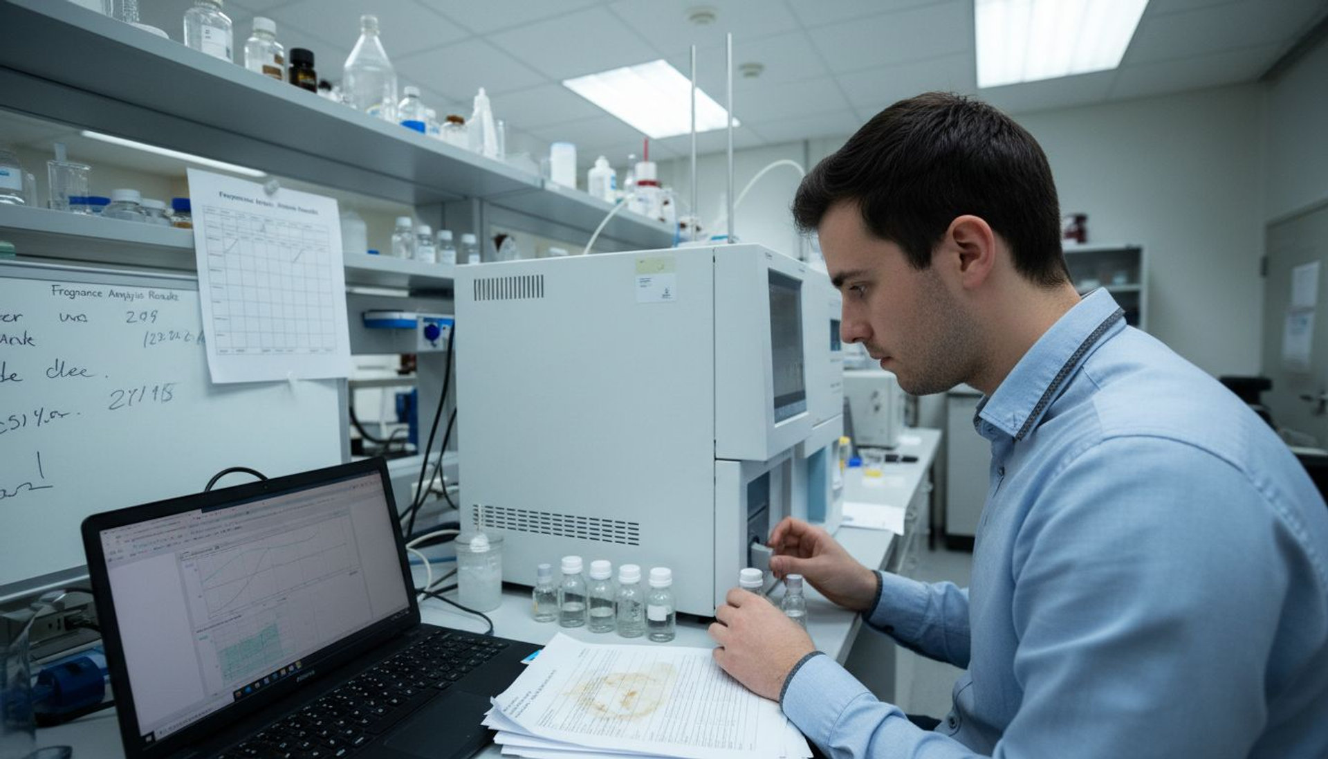 Lab technician running gas chromatography analysis
