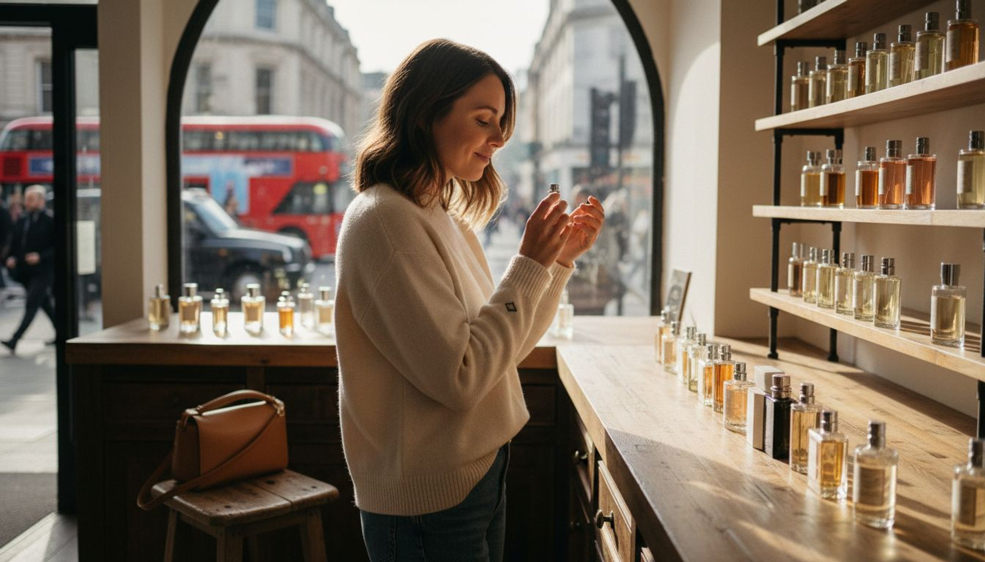 Woman testing fragrance on wrist in boutique